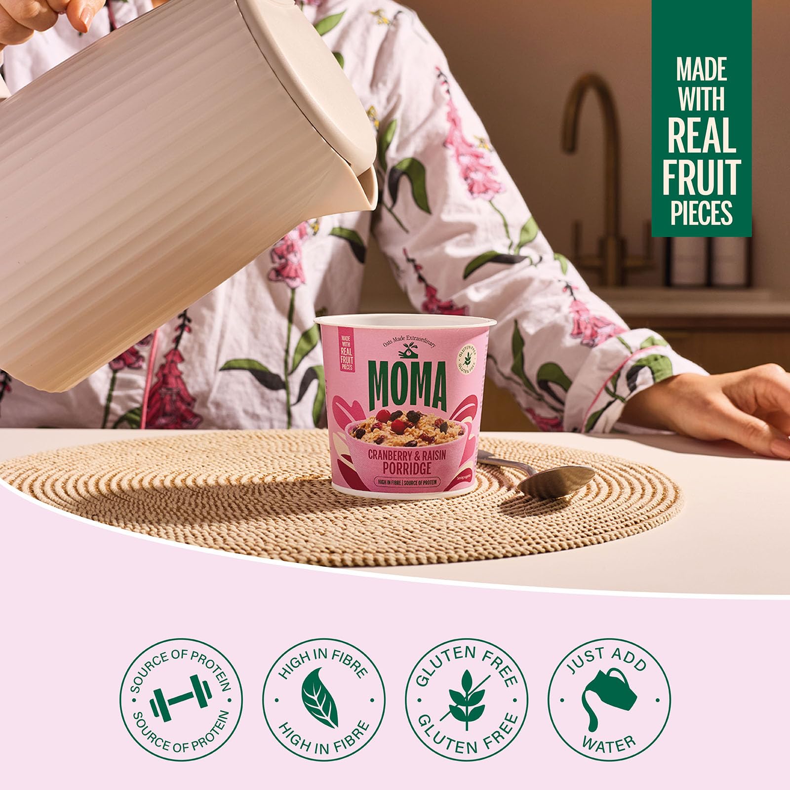 MOMA - Cranberry & Raisin Instant Porridge Pots - Pack of 12 x 70g - Gluten Free, High Fibre, Source of Protein 3