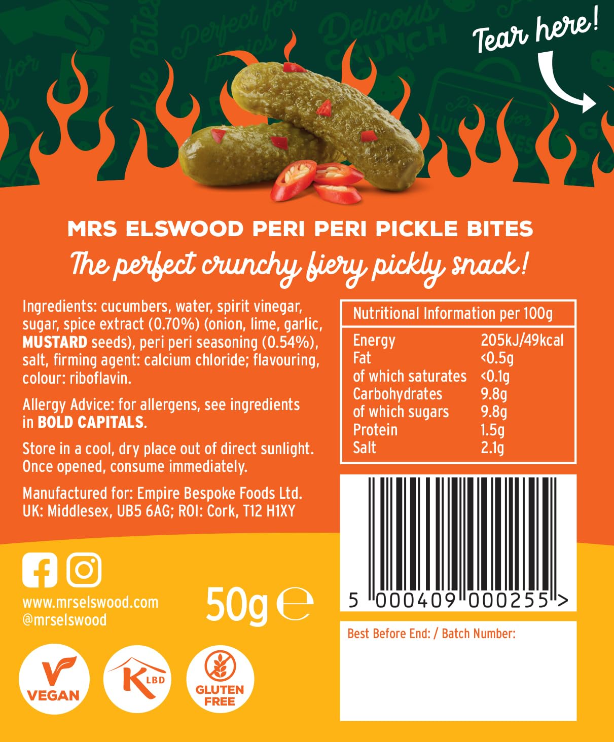 Mrs Elswood Peri Peri Pickle Bites Crunchy Fiery Hot Pickled Cucumbers 50g Pouch 4