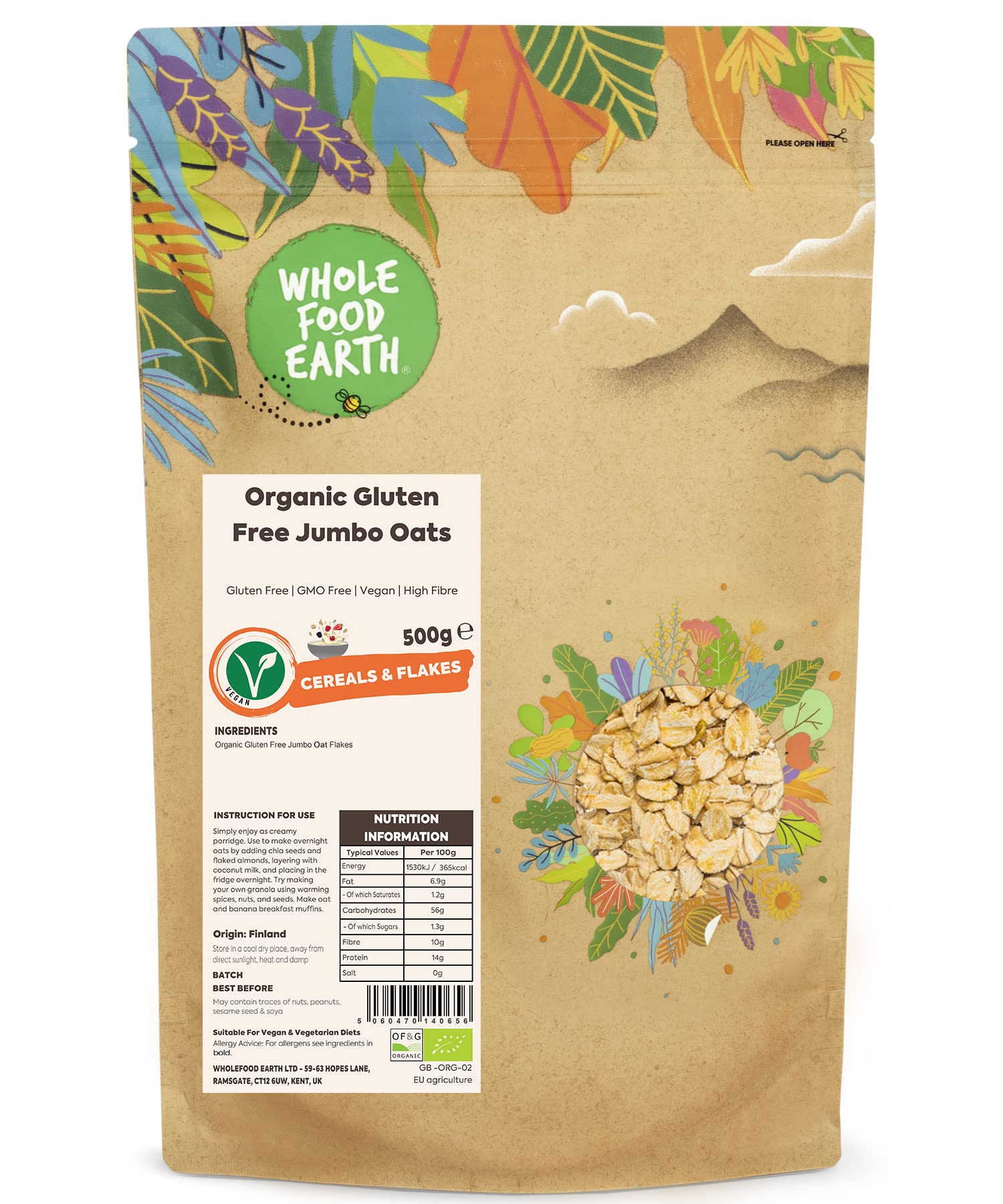 Wholefood Earth Organic Gluten Free Jumbo Oats - 500g | GMO Free | Vegan 1