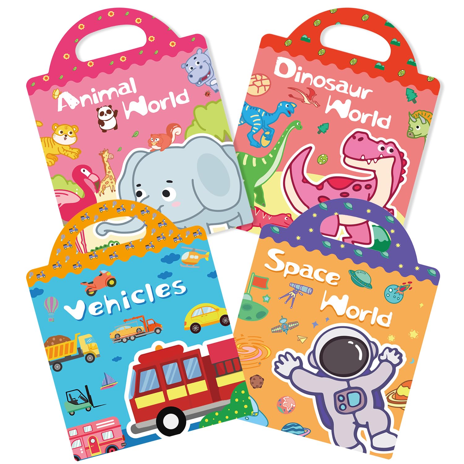 GUYUCOM 4 Pack Reusable Sticker Books for Toddlers Ages 3+ | Animal, Vehicle, Dinosaur, Space Themes | Jelly Texture
