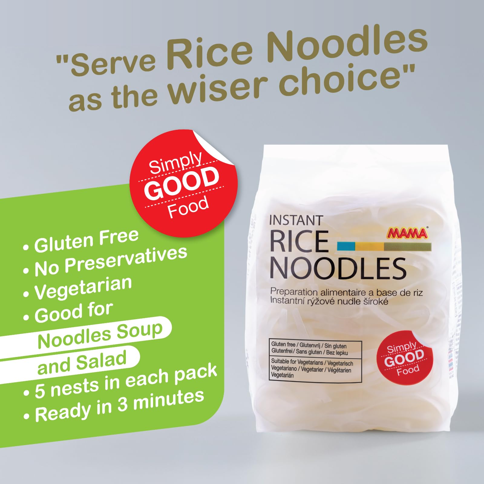 MAMA Instant Rice Noodles - Gluten Free, Vegetarian | 225g Pack of 6