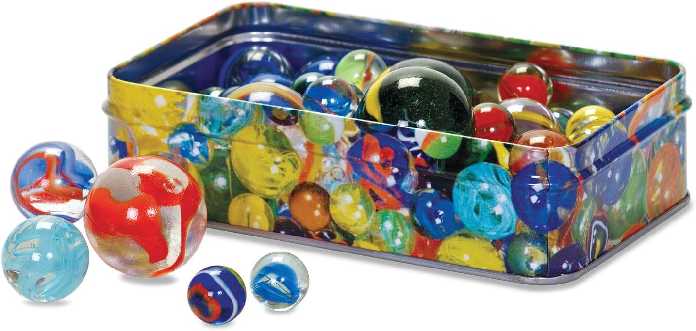 Tobar Marbles - Tin of 60 Mixed Designs Glass Marbles for Kids and Adults 1