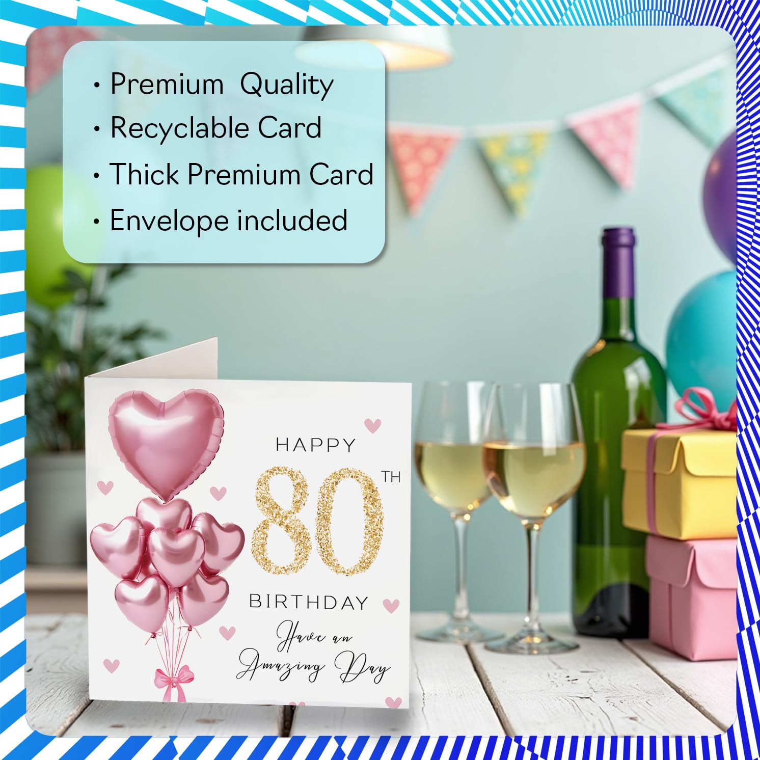 Stuff4 80th Birthday Card for Women - Pink Glitter Balloons | 145mm Square | Blank Inside 3