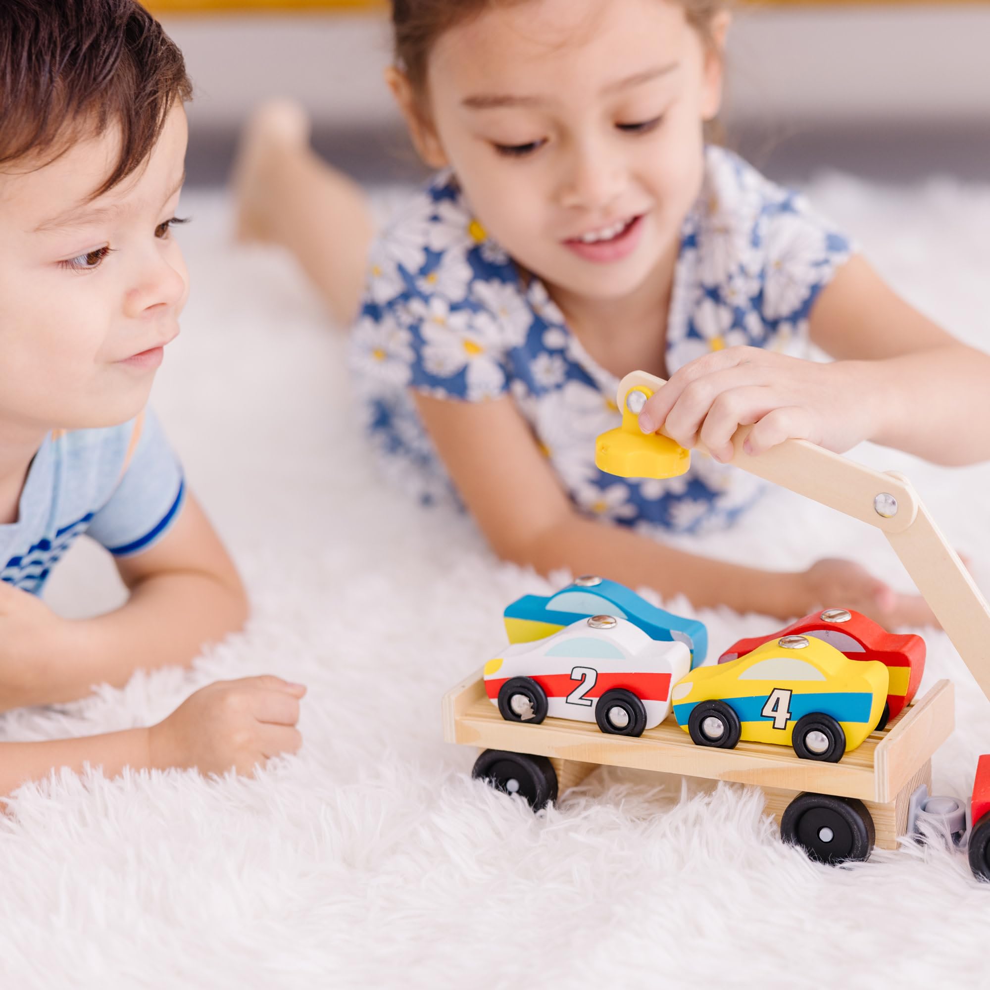 Melissa & Doug Magnetic Car Loader Wooden Truck Set | Ages 3+ | Includes Truck, Trailer, and 4 Magnetic Cars 6