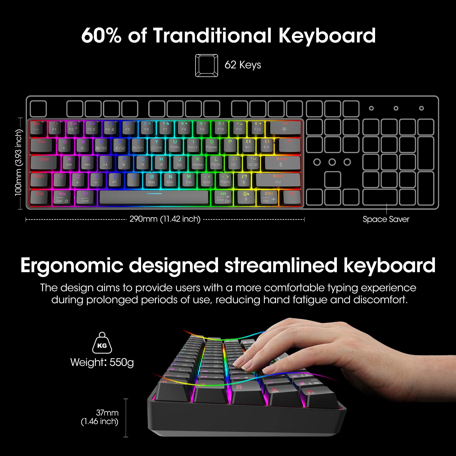 KOORUI MK061 60% Mechanical Gaming Keyboard - Red Switch, RGB Backlit, Hot-Swappable, Wired Compact Keyboard for PC & Mac 10