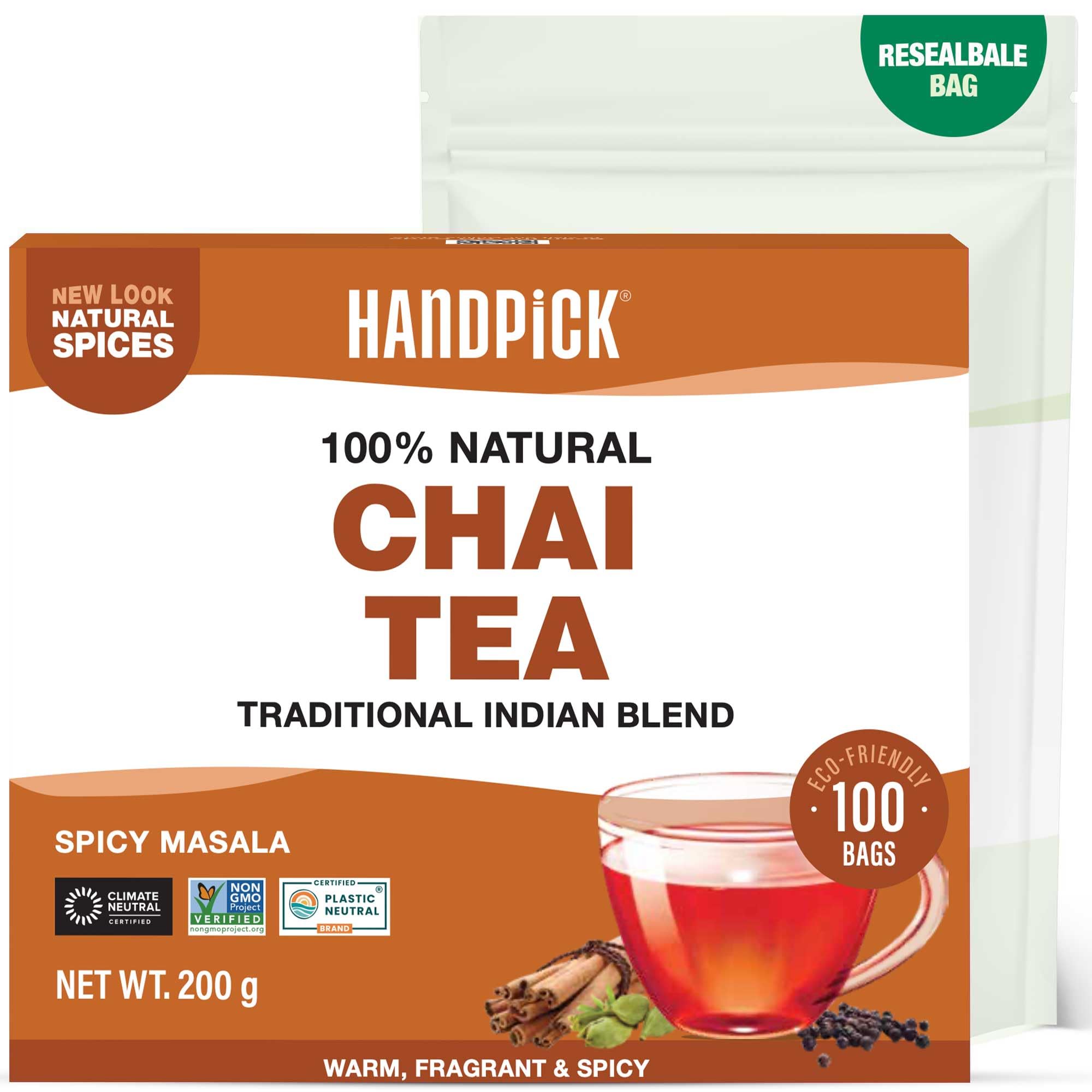 HANDPICK Masala Chai Tea Bags from India (100 Count) - Cinnamon, Black Pepper, Cloves & Cardamom - Eco-conscious Round Tea Bags 1