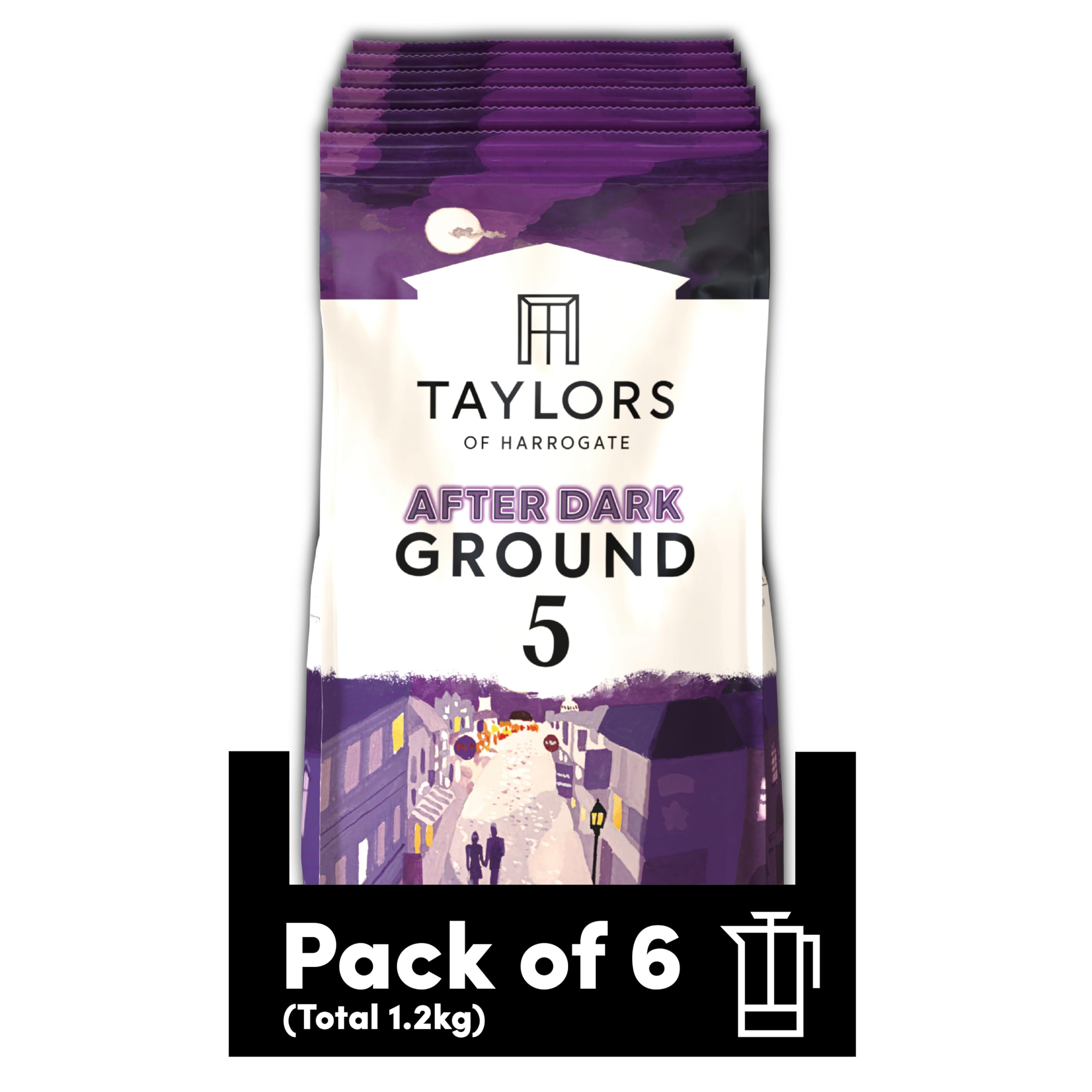 Taylors of Harrogate After Dark Ground Coffee - Dark Roast, Cocoa & Brown Sugar Notes | 6 x 200g Bags