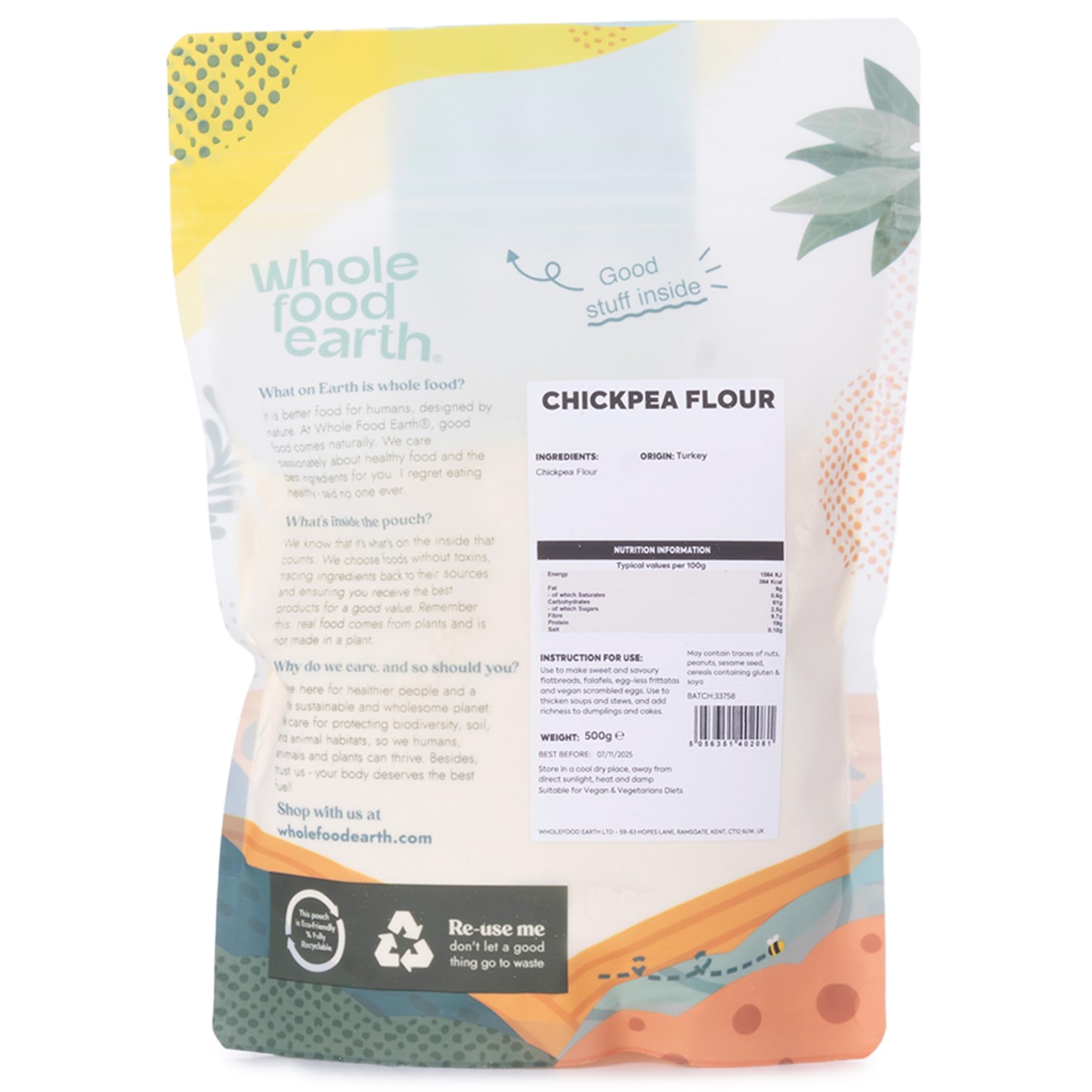 Wholefood Earth Chick Pea Flour - 500g | GMO Free | High Fibre