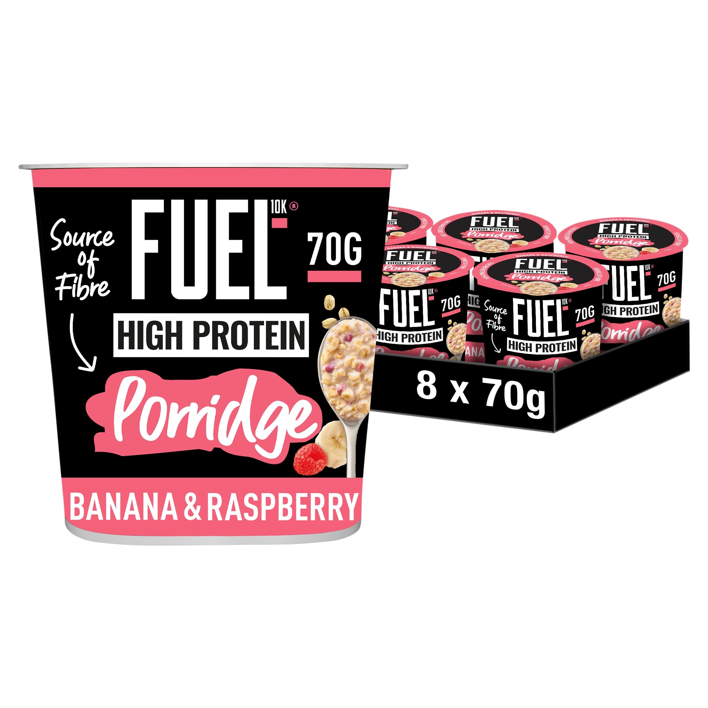 FUEL10K High Protein Banana & Raspberry Porridge Pot - 13g Protein, Wholegrain Oats | 8 Pack
