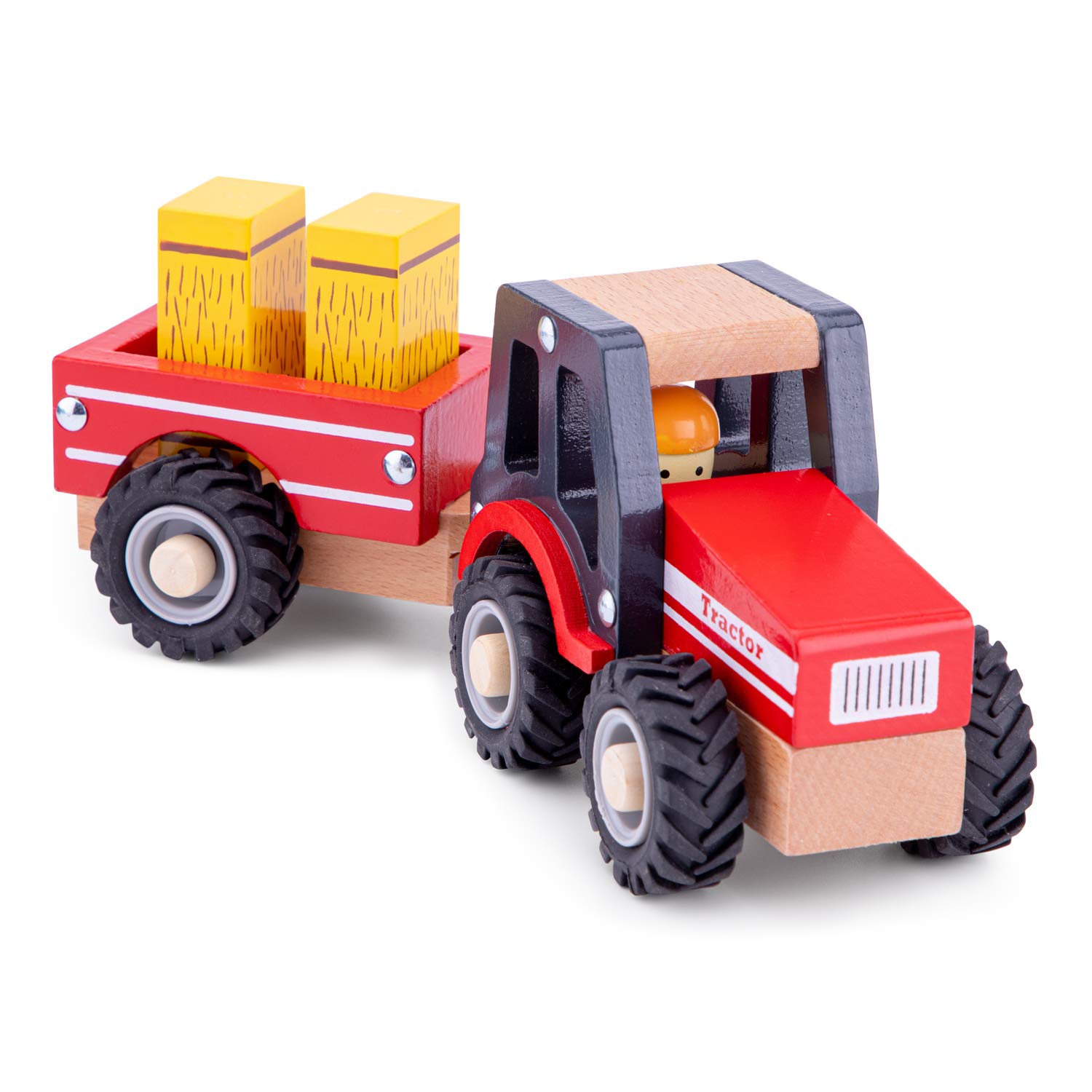Woet Wooden Toy Tractor with Detachable Trailer & 2 Haystacks - Farm Play for Ages 18 Months+ 3