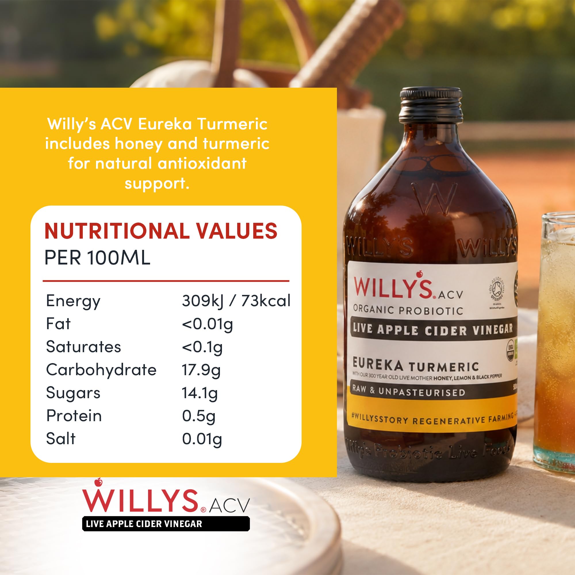 Willy's Apple Cider Vinegar with Turmeric & Honey - Raw, Organic, Unpasteurised | 500ml 8