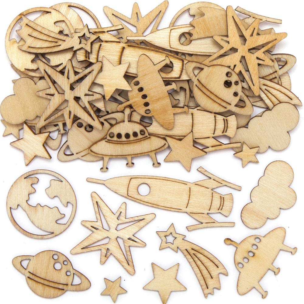 Baker Ross Outer Space Wooden Shape Decorations - Pack of 45, Solar System Shapes (1.5-3cm) 1