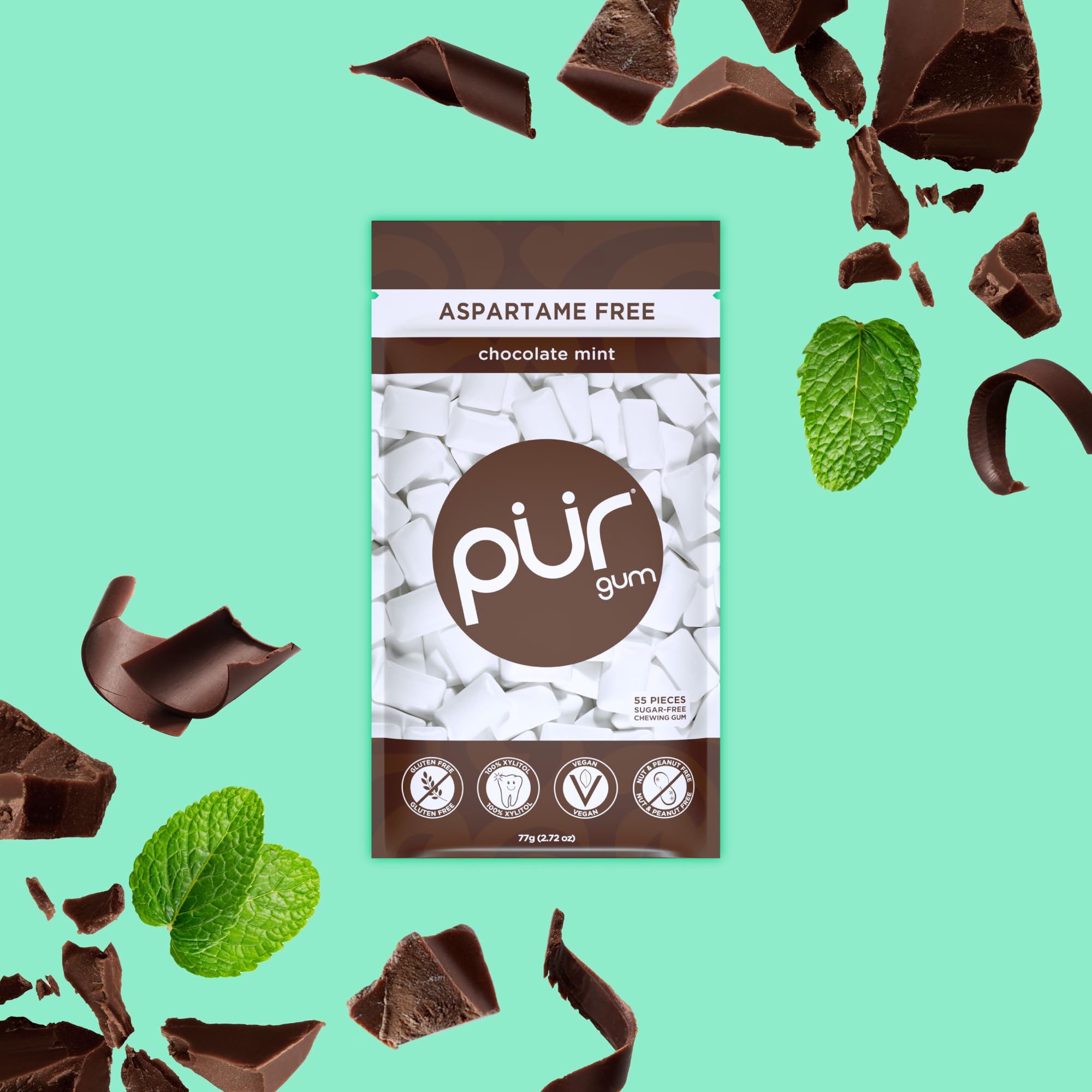 PUR - Natural Chocolate Mint Sugar-Free Chewing Gum (55 Pieces, Pack of 3) 6