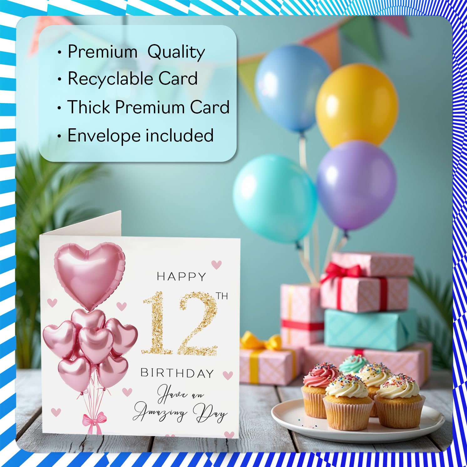 Stuff4 12th Birthday Card for Girls - Pink Glitter Balloons | 145mm x 145mm | Blank Inside 3