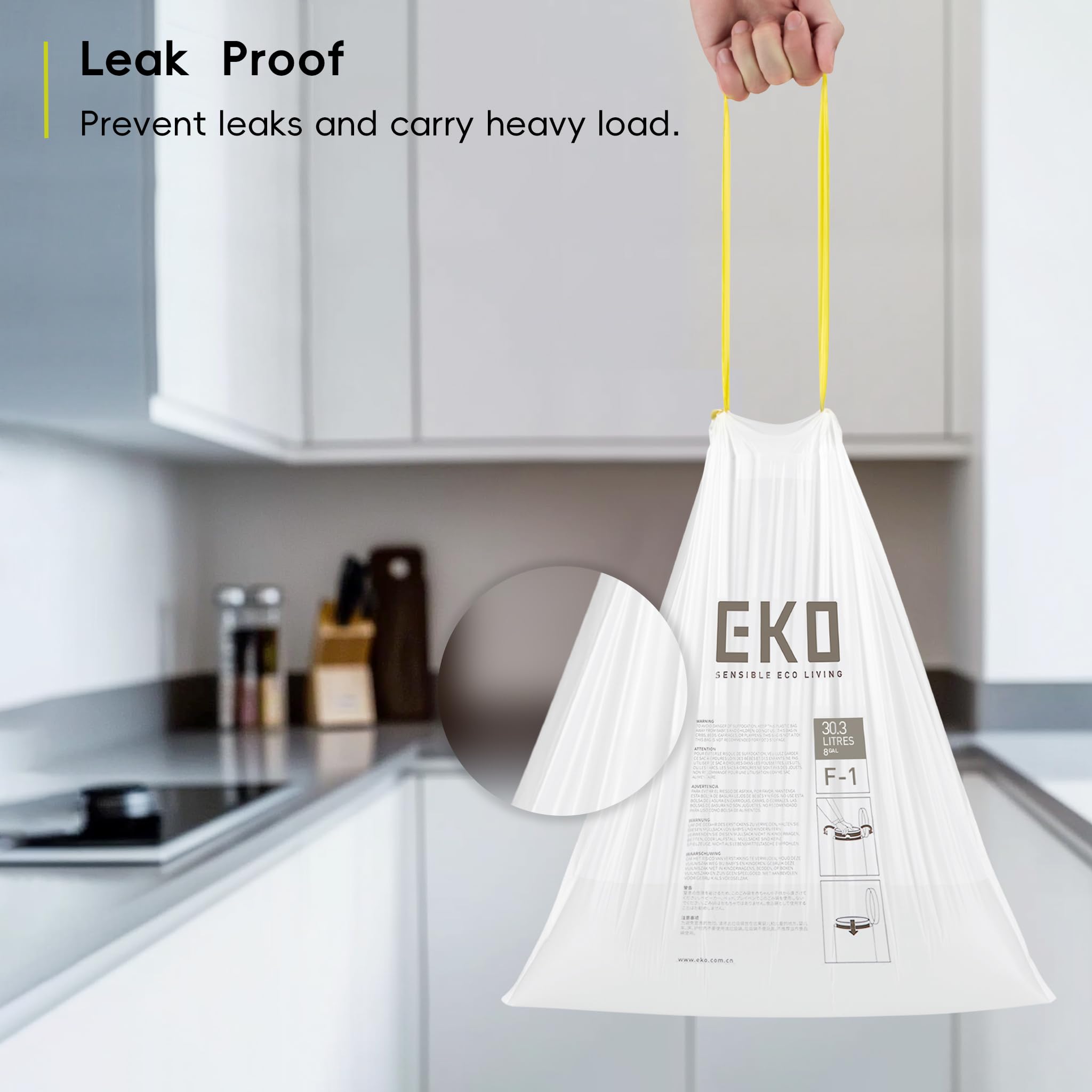 EKO 18-30L Drawstring Bin Bags - Heavy Duty, Leakproof, Unscented | 20 Count White 7