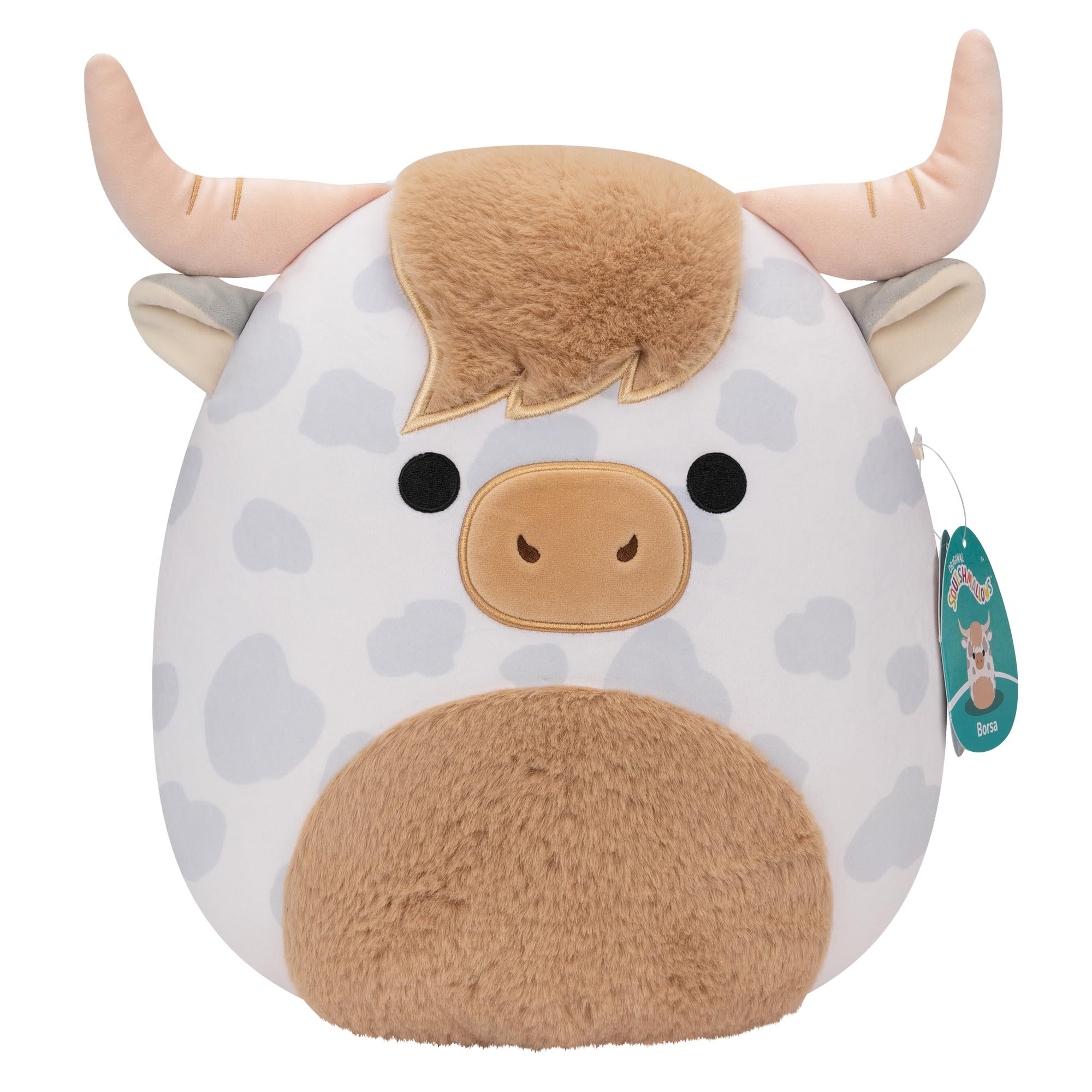 Squishmallows Borsa 12-Inch Spotted Highland Cow Plush - Soft Stuffed Animal for Kids 3+