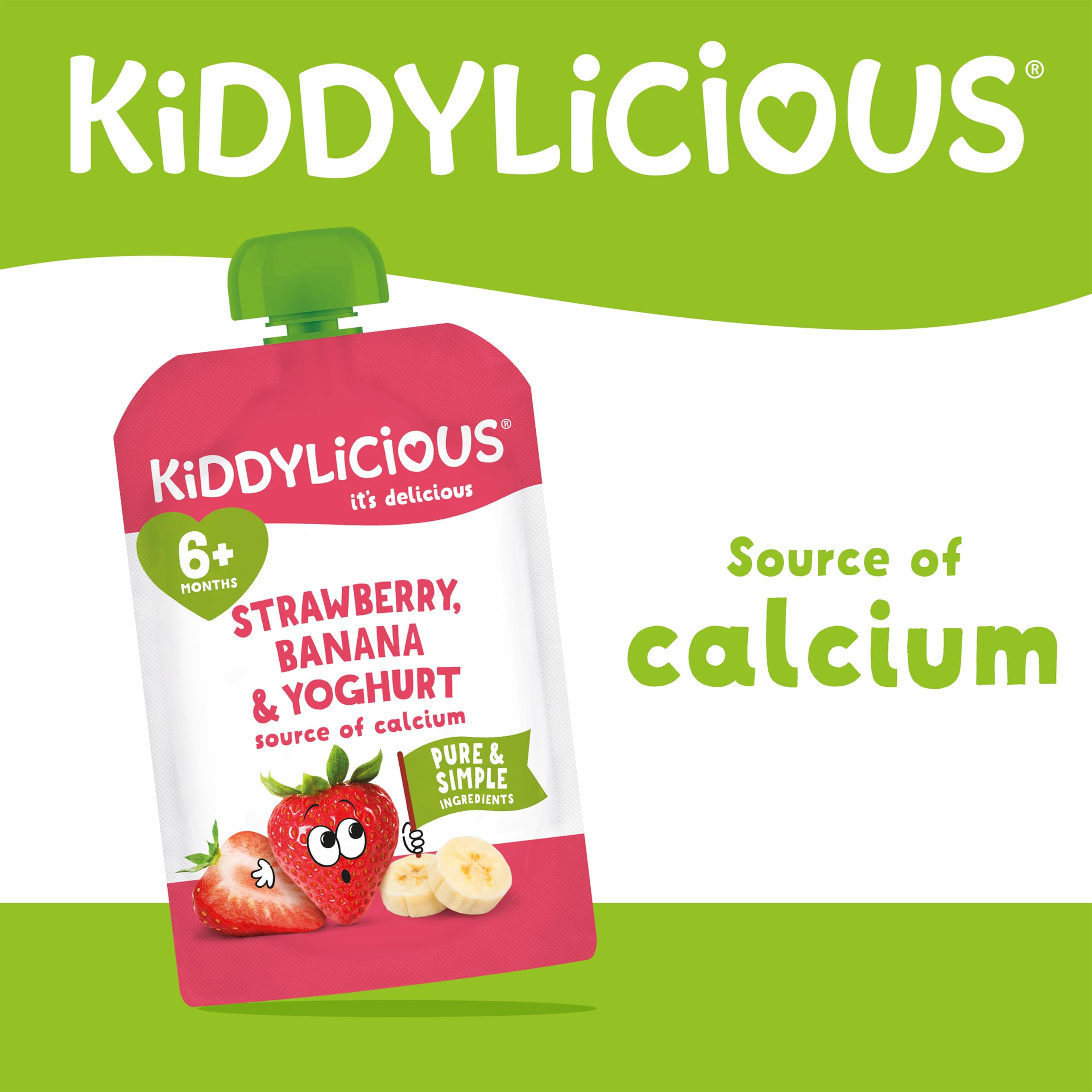 Kiddylicious Strawberry & Banana Yogurt Pouches - 6 Pack of Smooth Purée Snacks with Calcium for Toddlers
