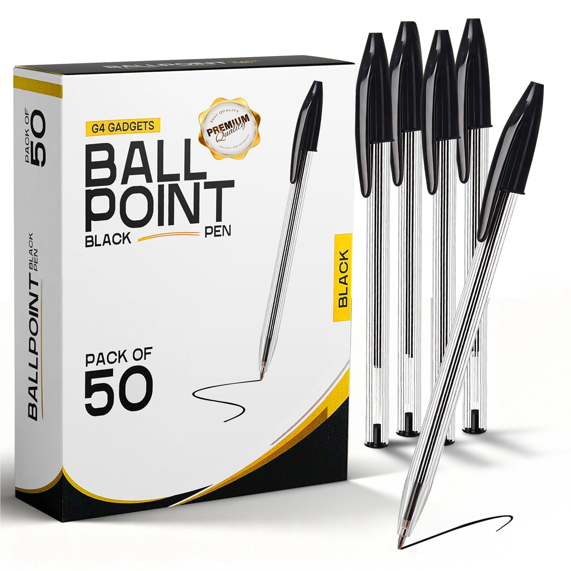 G4GADGET Stick Ballpoint Pens - Medium Tip Smooth Writing | Pack of 50 Black Ink Pens