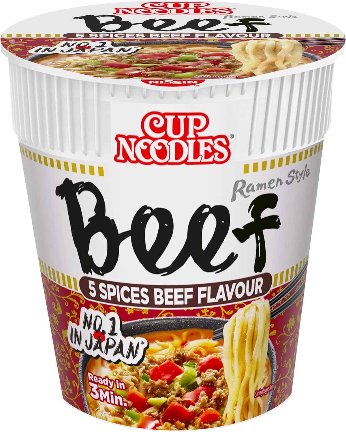 NISSIN Cup Noodles 5 Spices Beef Flavoured Instant Noodles - 8 Pack, 73 g Each Pot