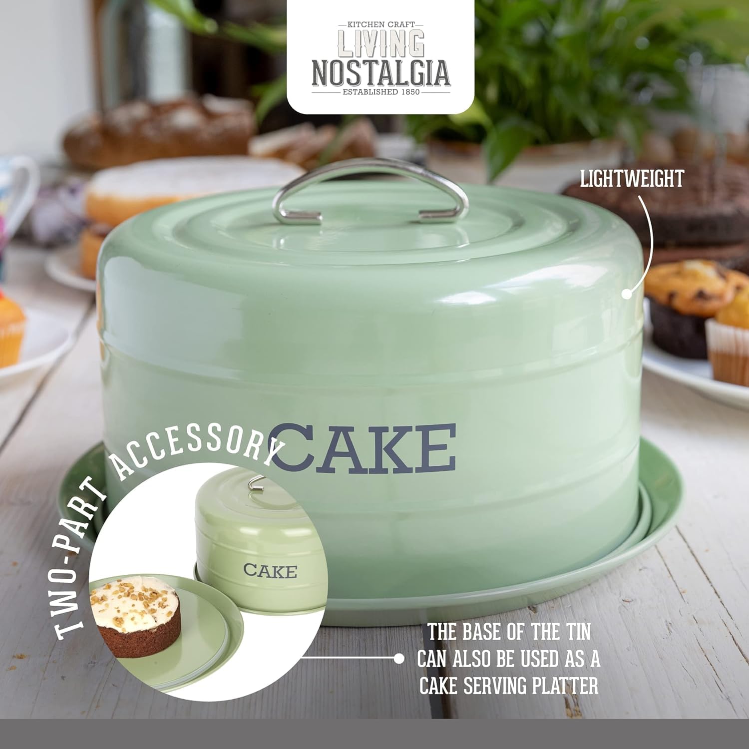 KitchenCraft Living Nostalgia Cake Storage Tin - Airtight Cake Dome, 28.5 x 18 cm, English Sage Green 6