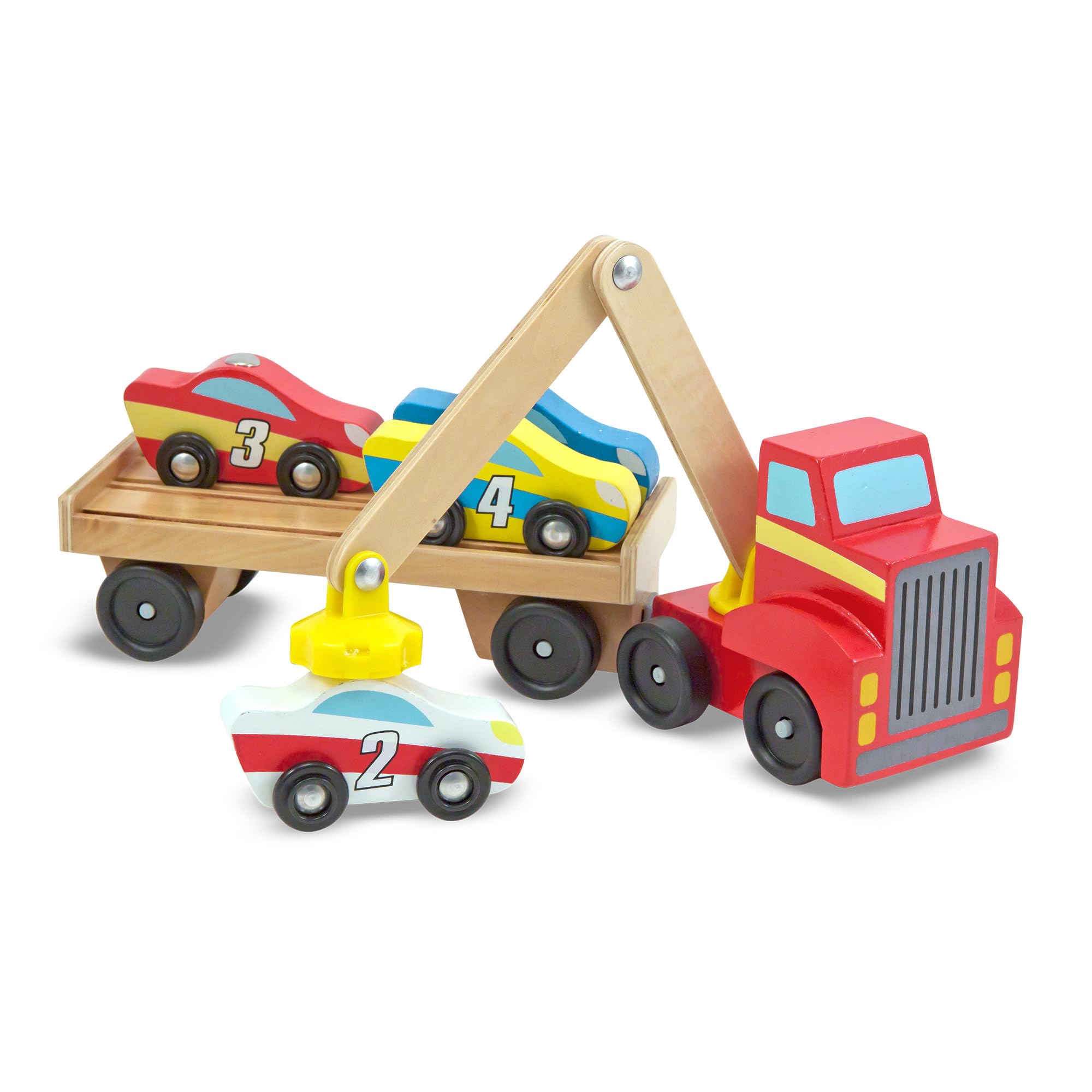 Melissa & Doug Magnetic Car Loader Wooden Truck Set | Ages 3+ | Includes Truck, Trailer, and 4 Magnetic Cars 4