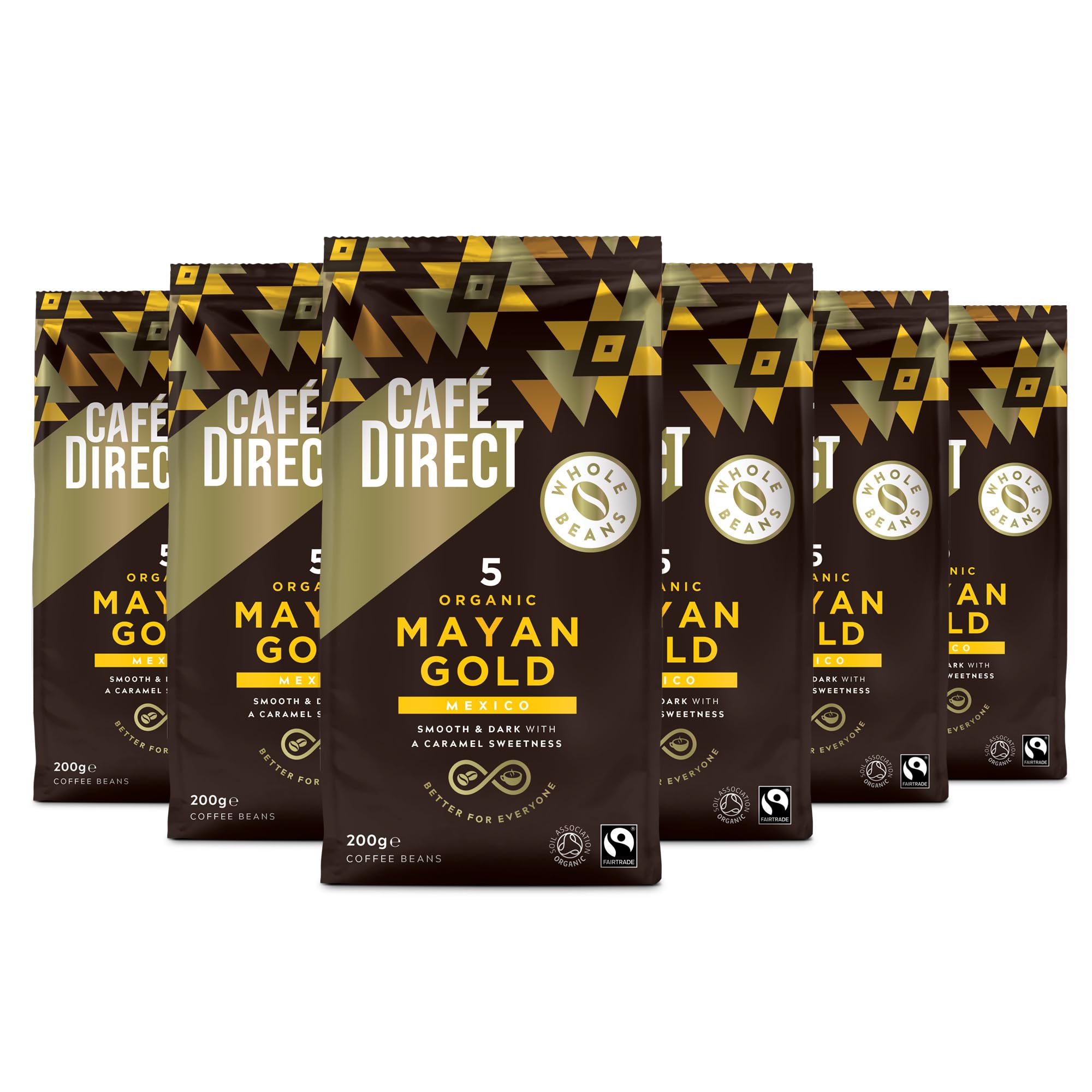 Café Direct Mayan Gold Organic Whole Coffee Beans - Dark Roast, Caramel Notes | 200g Pack of 6