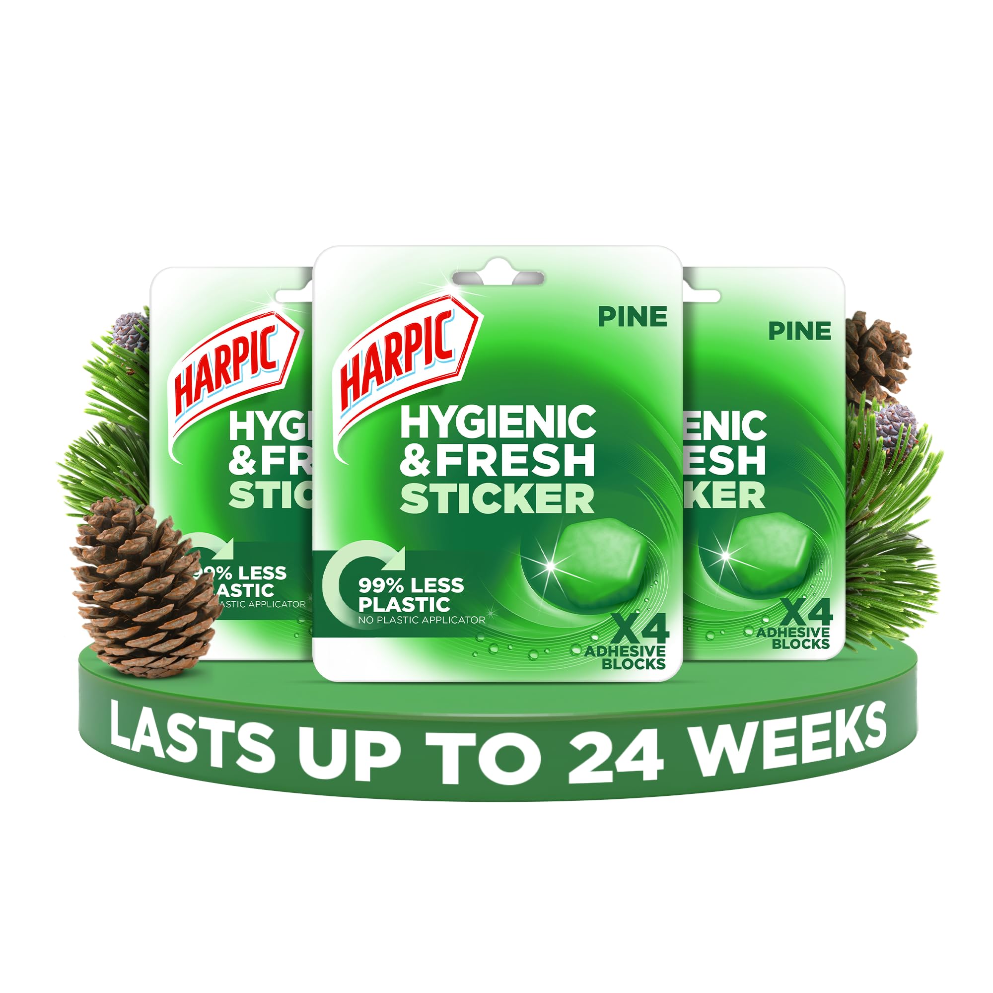 Harpic Hygienic Fresh Sticker Adhesive Toilet Block, Pine Scent, 12 Count Pack