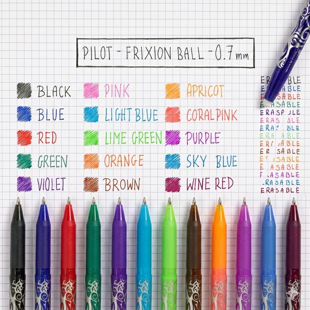 PILOT FriXion Erasable Rollerball Pen - Medium 0.7mm Point | 4-Pack Black Blue Red Green Ink 4