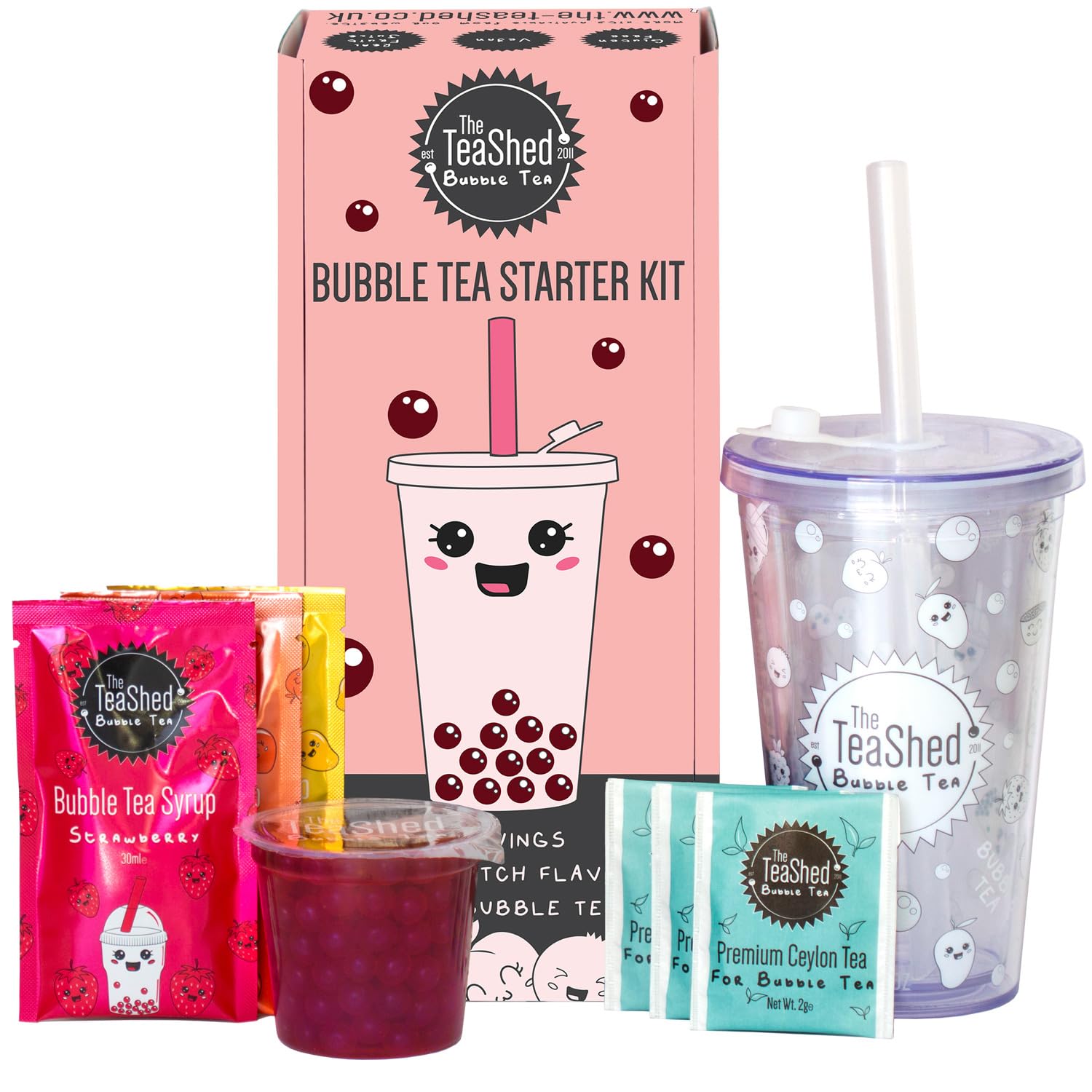 The TeaShed Boba Starter Kit - Reusable Cup & Straw, 3 Syrups, Tea & Raspberry Popping Boba