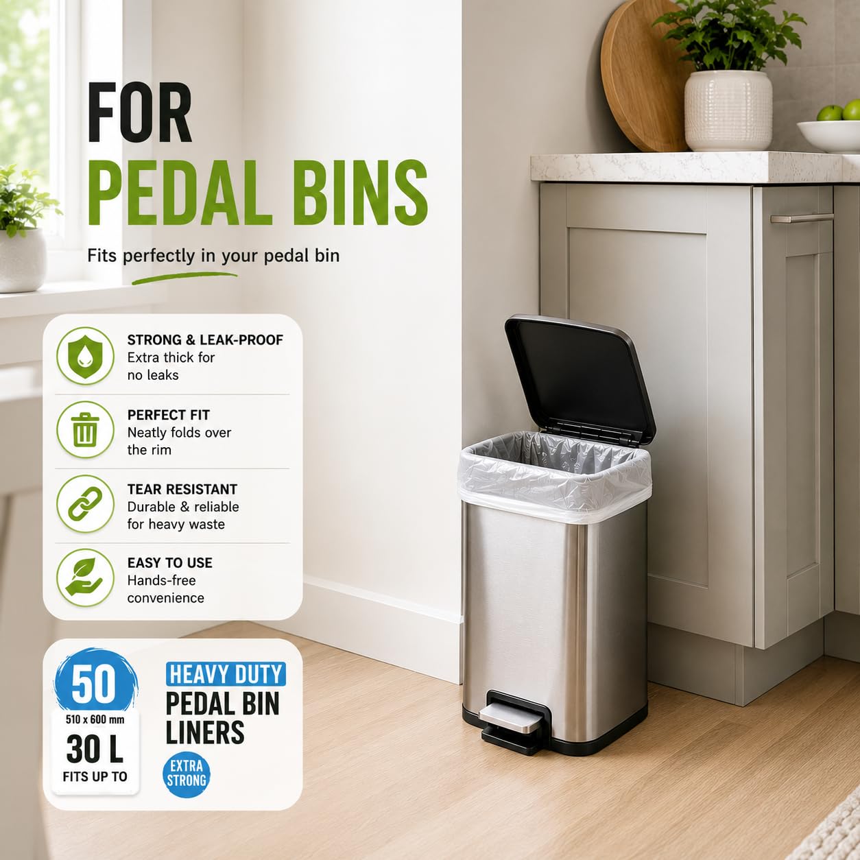 EcoBag Heavy Duty Bin Liners - 30L Capacity | 50 Pack | Recyclable Plastic