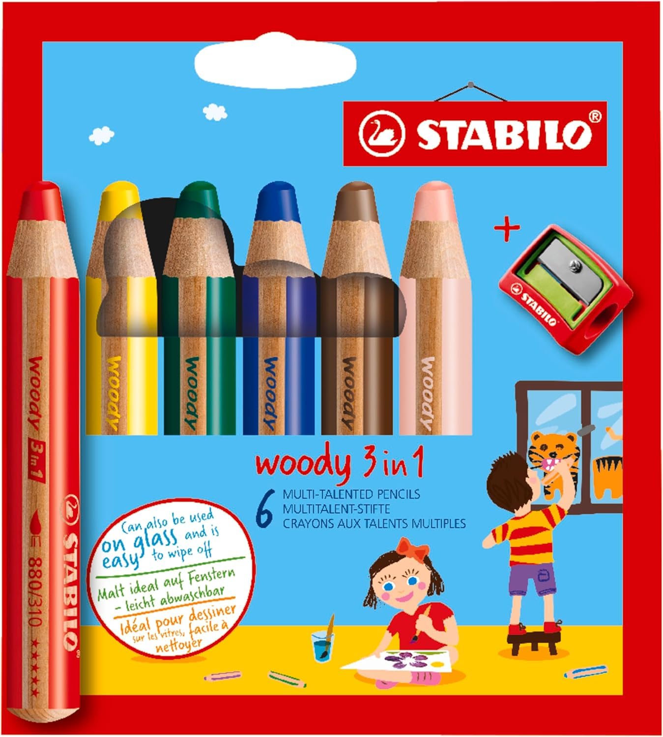 STABILO woody 3-in-1 Pencil Set - 6 Assorted Colors with Sharpener | Water Soluble