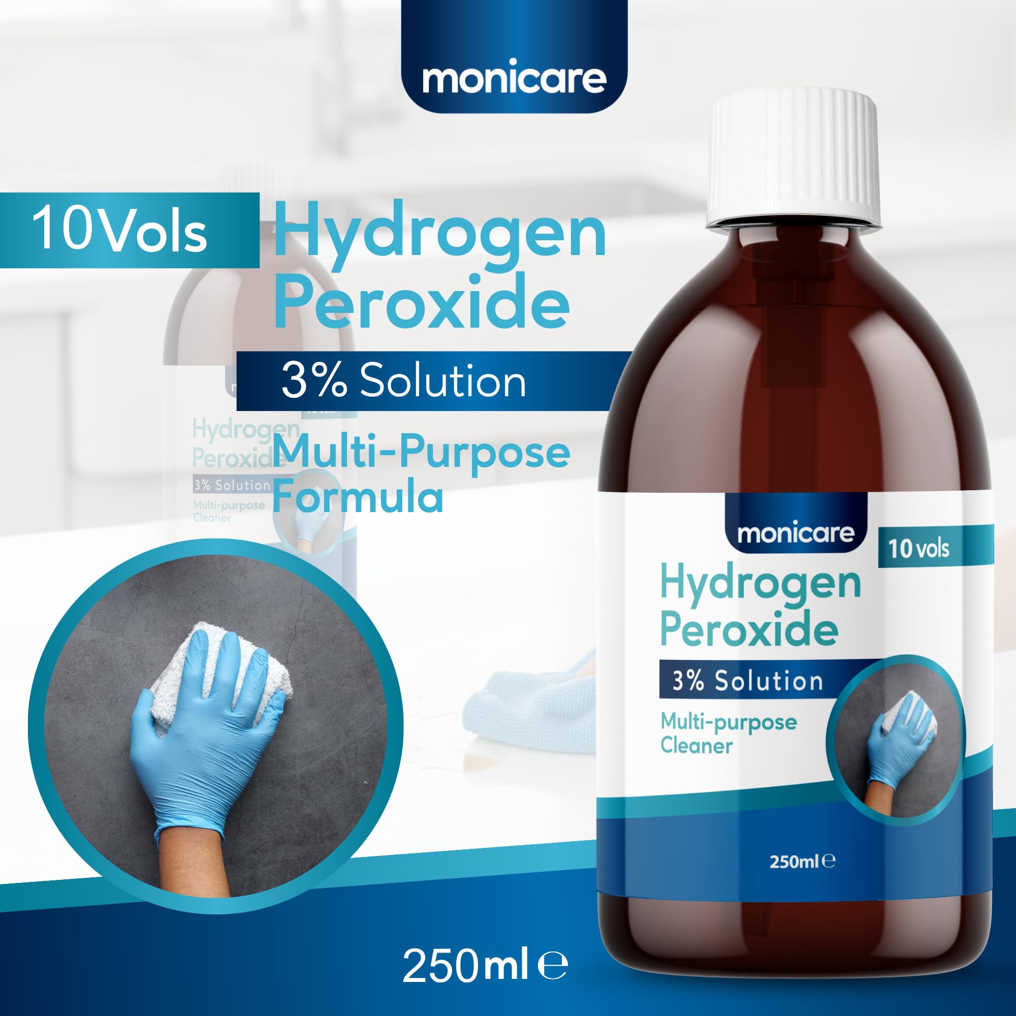 Monicare Hydrogen Peroxide 3% Multi-Purpose Cleaner - 250ml Liquid | Hospital Grade Disinfectant