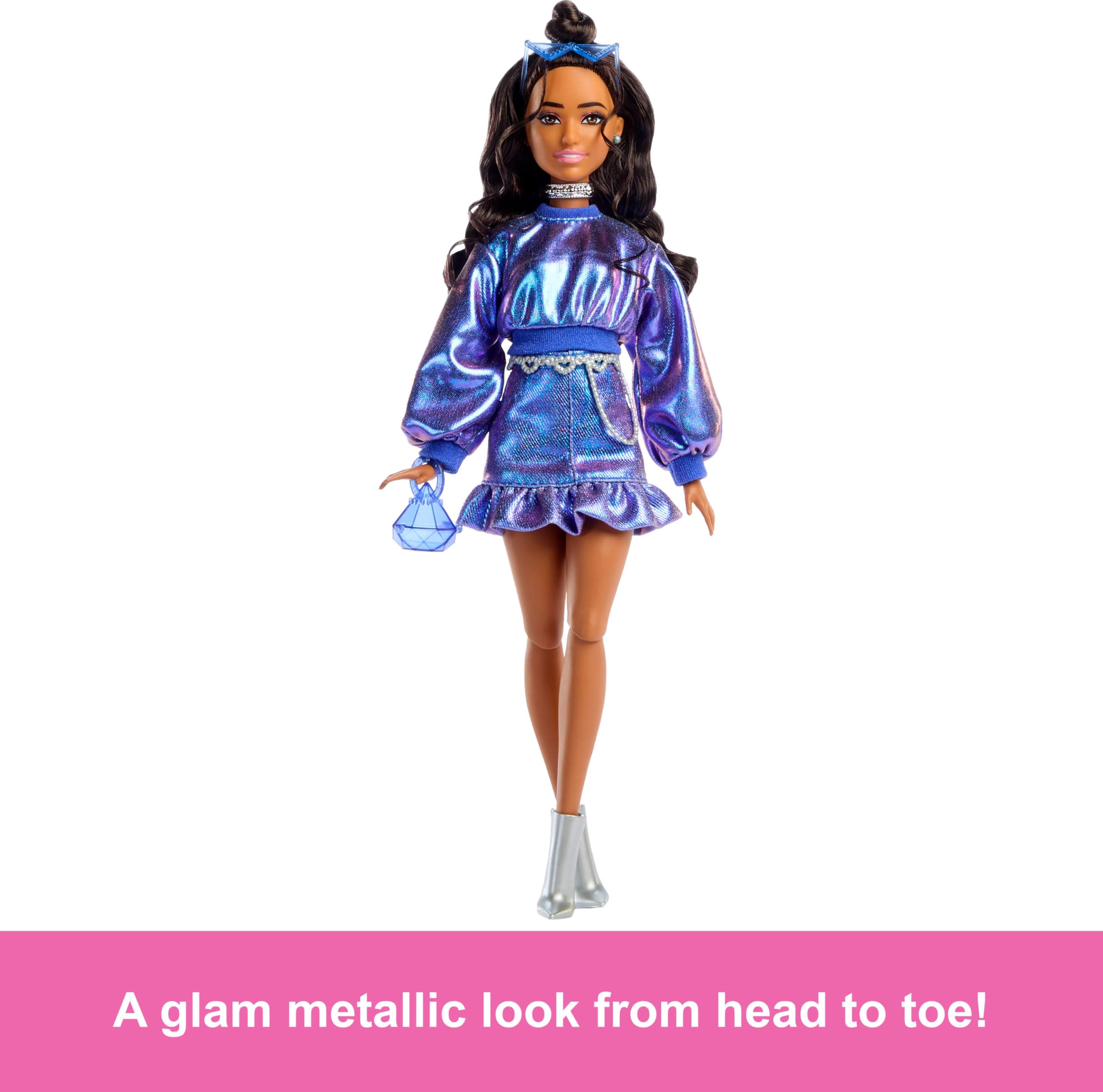 Barbie Deluxe Style Doll #7 Metallic Blue Top & Skirt with Wavy Brown Hair 2