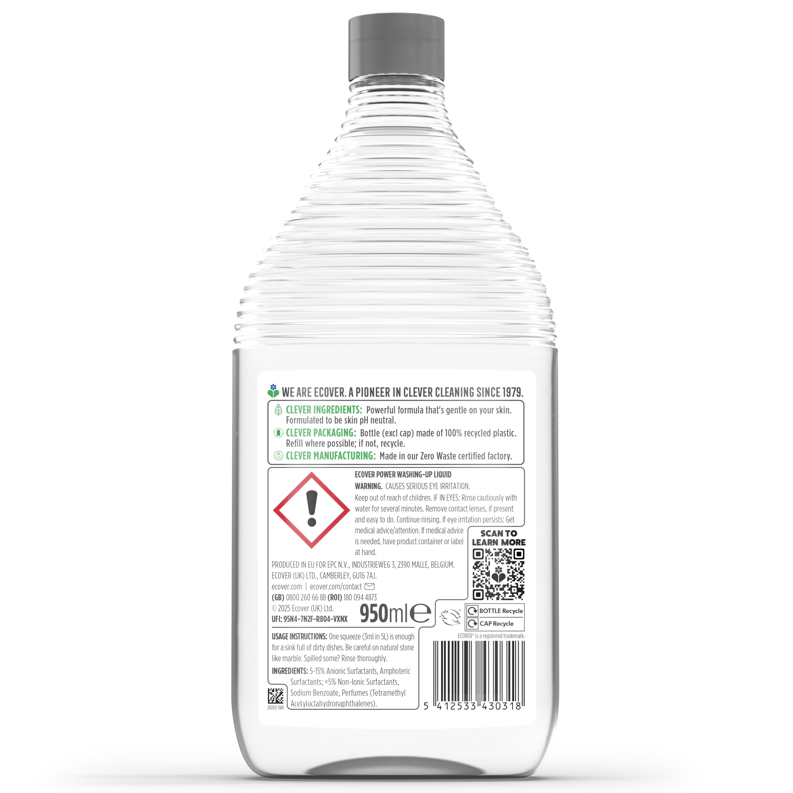Ecover Power Washing Up Liquid - Bergamot & Sage Scent | Concentrated 950ml