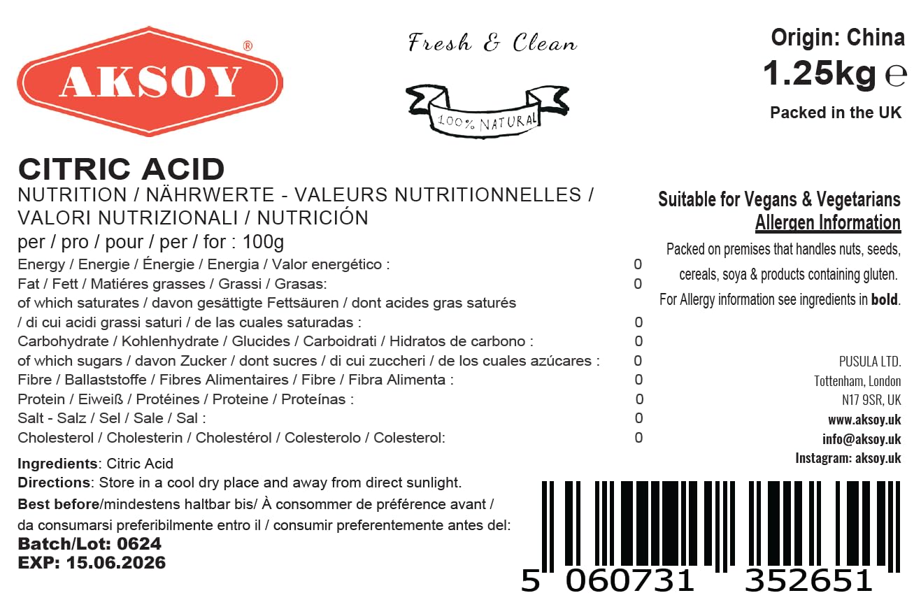 AKSOY Food Grade Citric Acid - Anhydrous Non-GMO De-Scaler | 1.25kg Granule 5