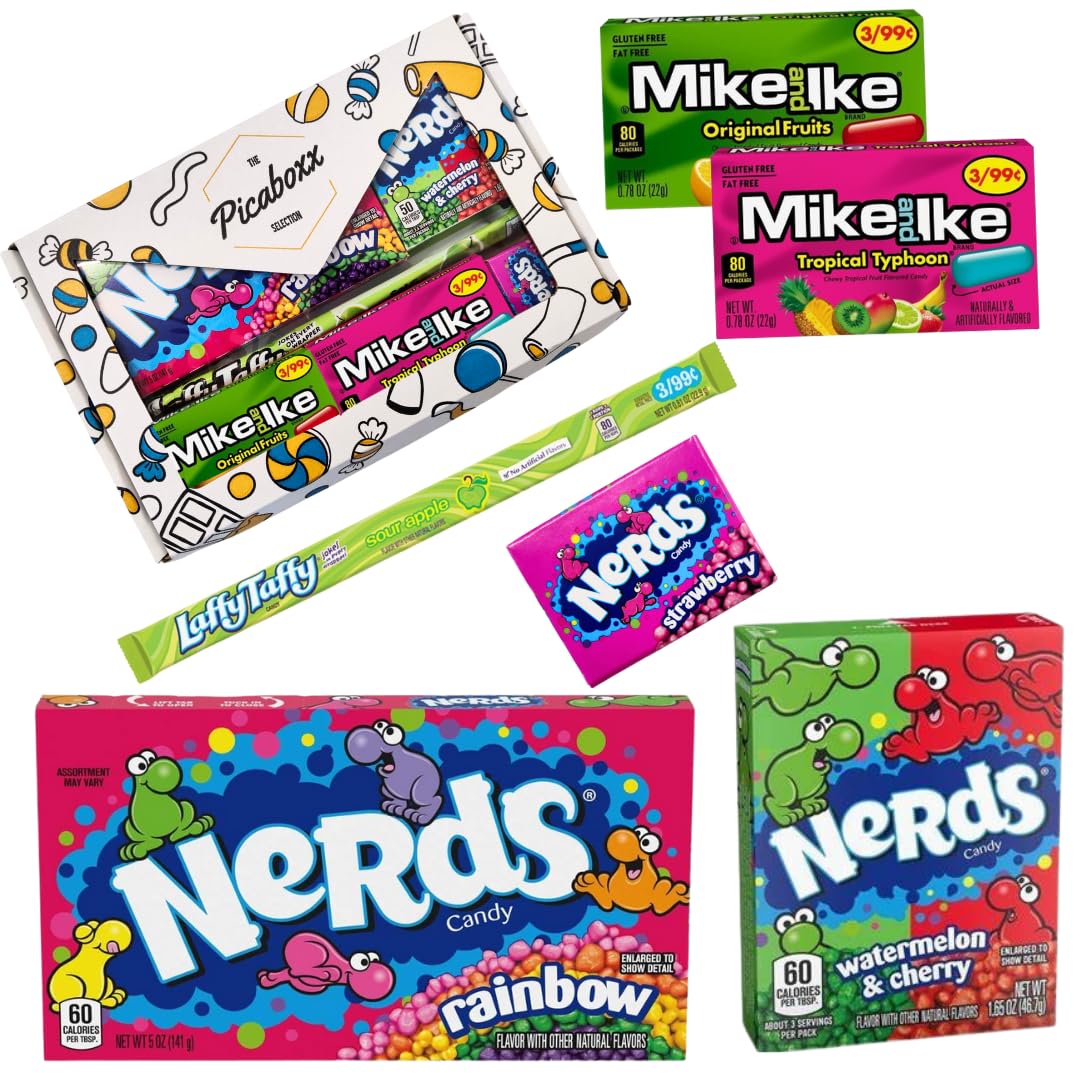 Picaboxx American Candy Gift Box - Nerds, Laffy Taffy, Mike & Ike | Soft & Hard Candy Assortment