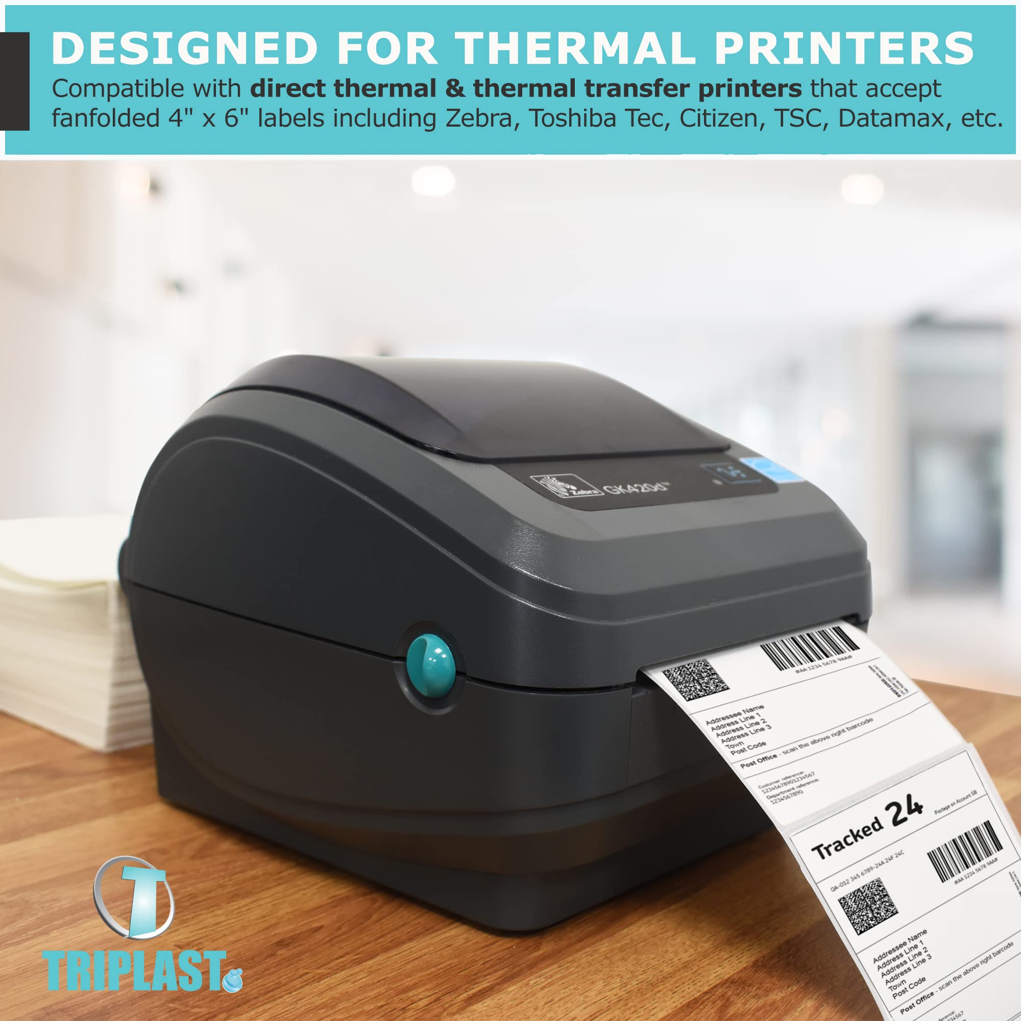 Triplast 250-Pack 4x6 Inch Fanfold Thermal Printer Labels | Smudge Resistant | Recyclable