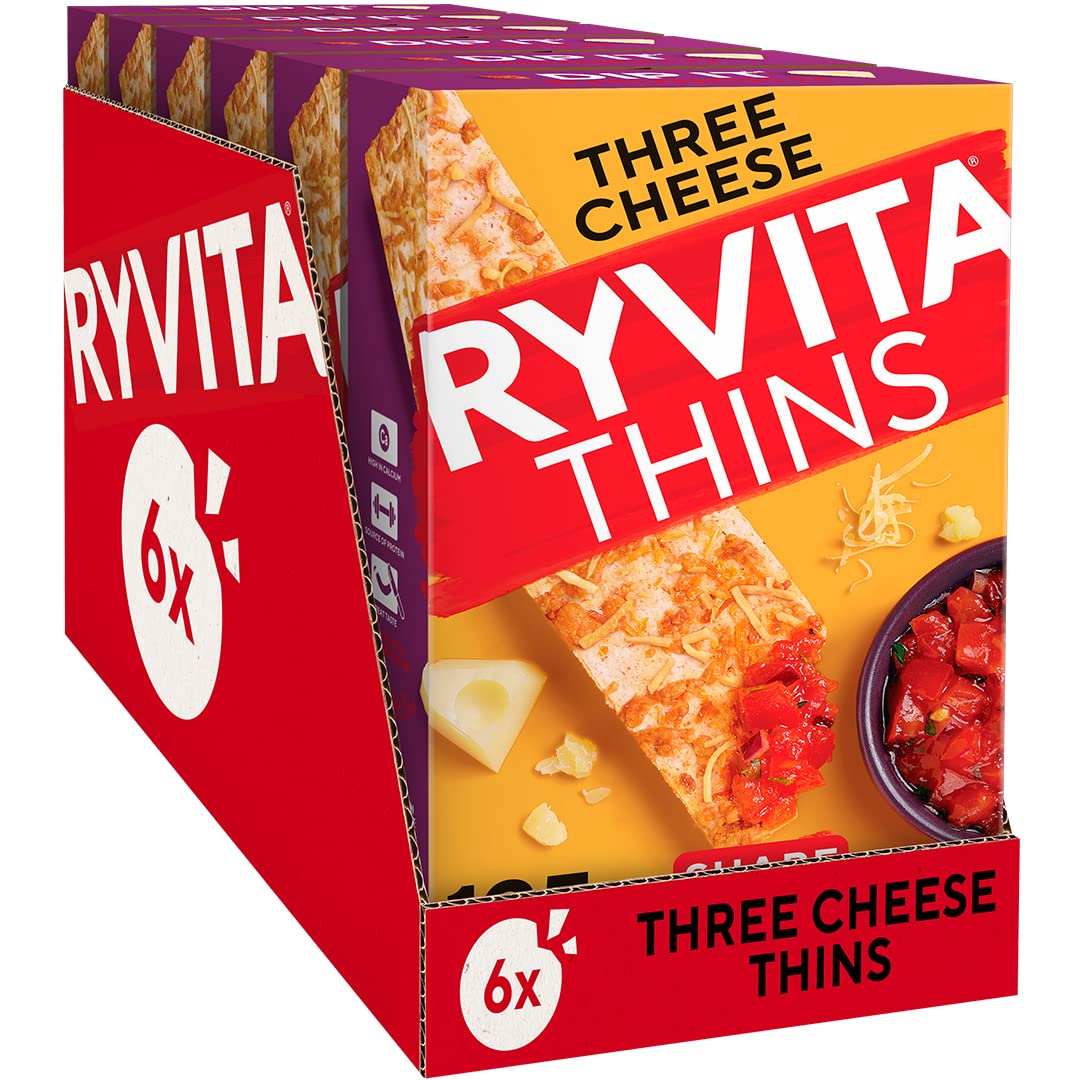 Ryvita Three Cheese Thins - Crispy Flatbreads for Dipping, Snacking & Sharing | High Fibre Snack | 6 x 125g Packs