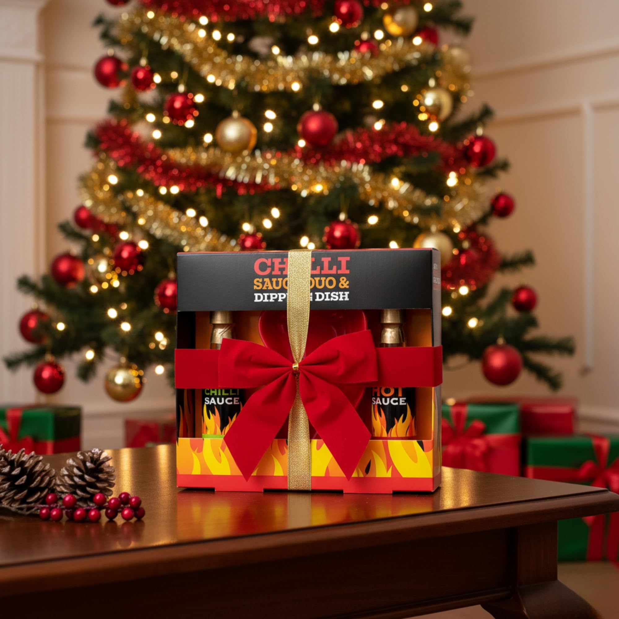 Hot Sauce Gift Set - Mild Green Chilli & Habanero Sauce Duo with Chilli Shaped Dipping Dish 2