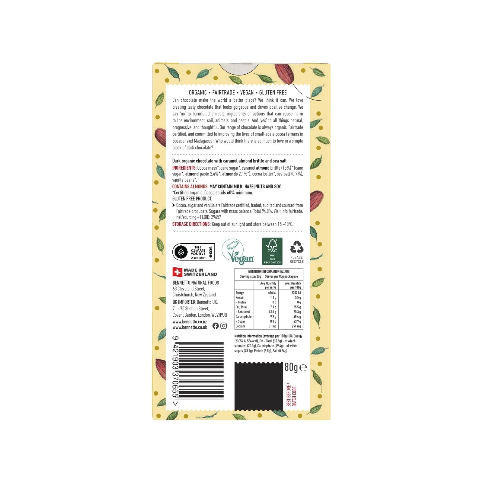 Bennetto Dark Salted Caramel Chocolate Bar - Organic Fairtrade Vegan Dark Chocolate with Sea Salt, 80g 9