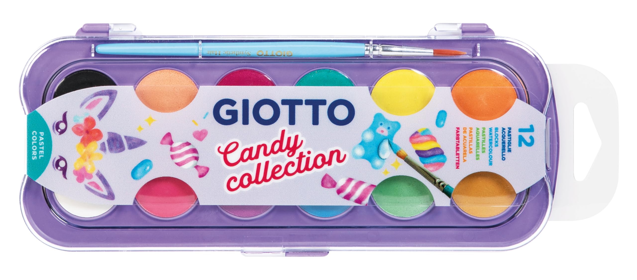 GIOTTO Candy Collection Watercolour Paint Set - 12 Intense Colours | Includes Brush | Pastel Palette