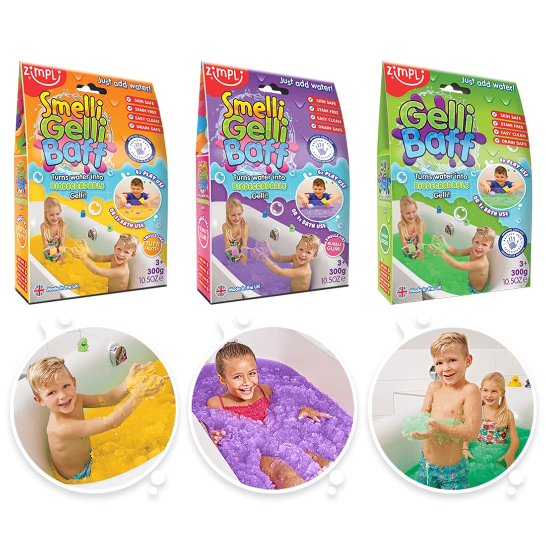 ZIMPLI - 3 x Gelli Baff Bundle, Tutti Frutti, Bubblegum & Green, Magically Turns Water into Goo