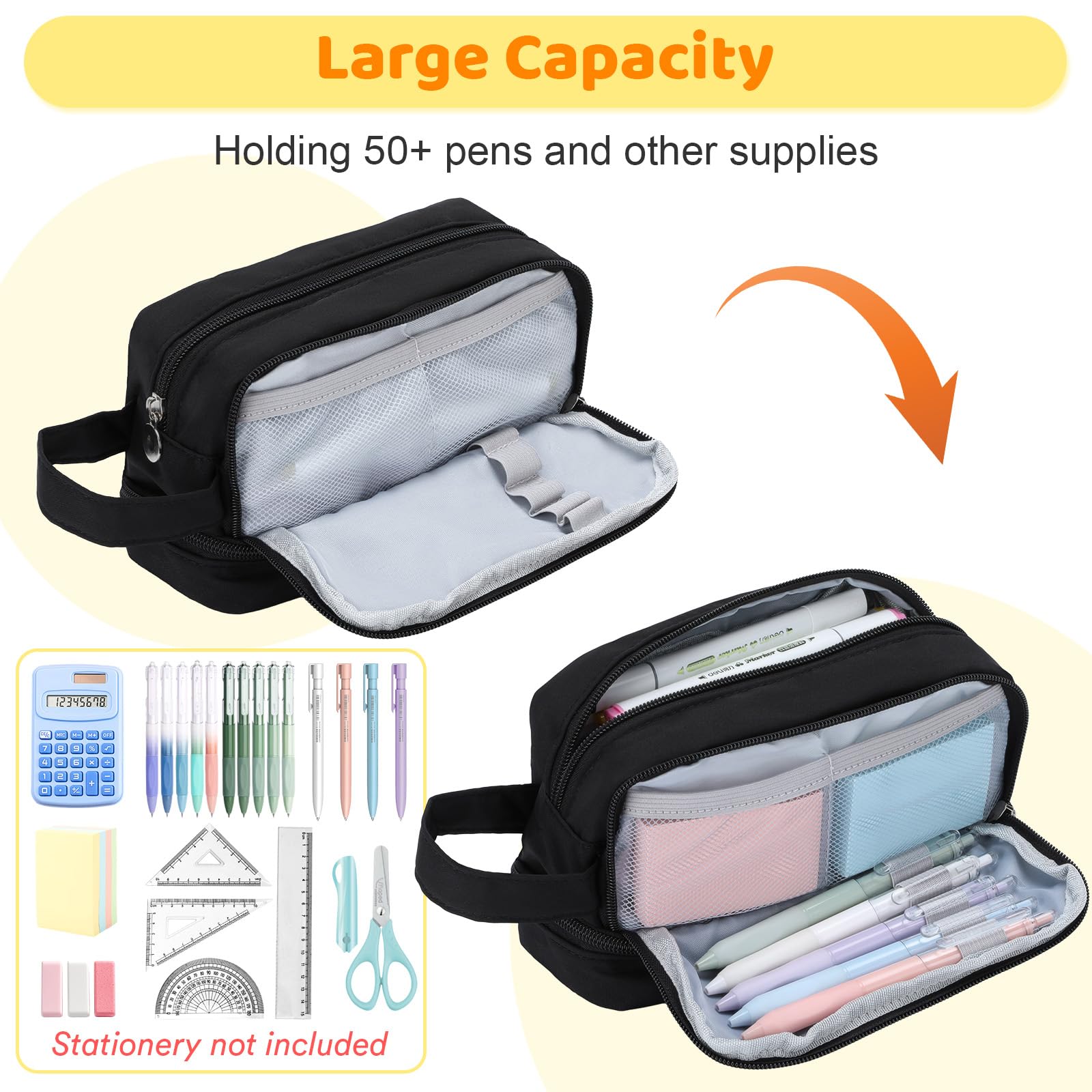 Alyvisun Large Pencil Case - Durable Canvas, 3 Compartments | Updated Black