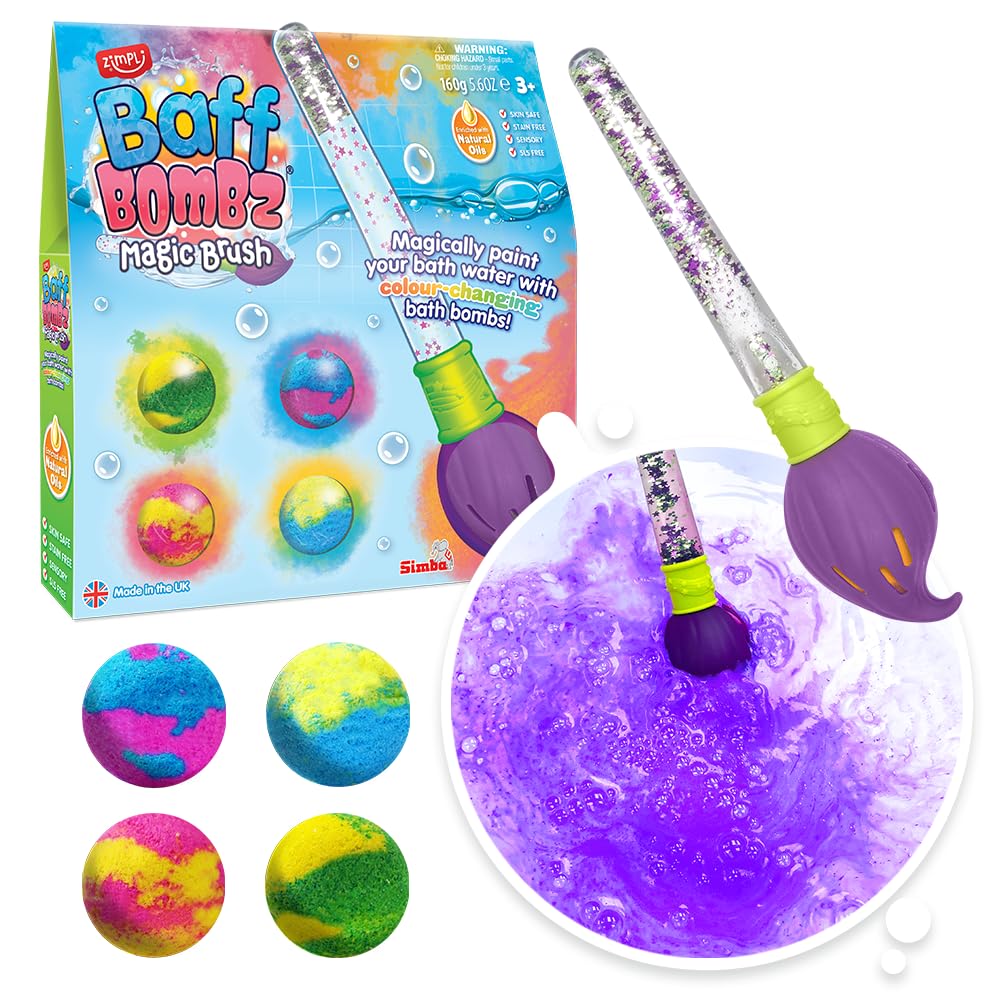 ZIMPLI Baff Bombz Magic Brush Set - 4 Color Changing Bath Bombs with Moisturizing Fruit Scents