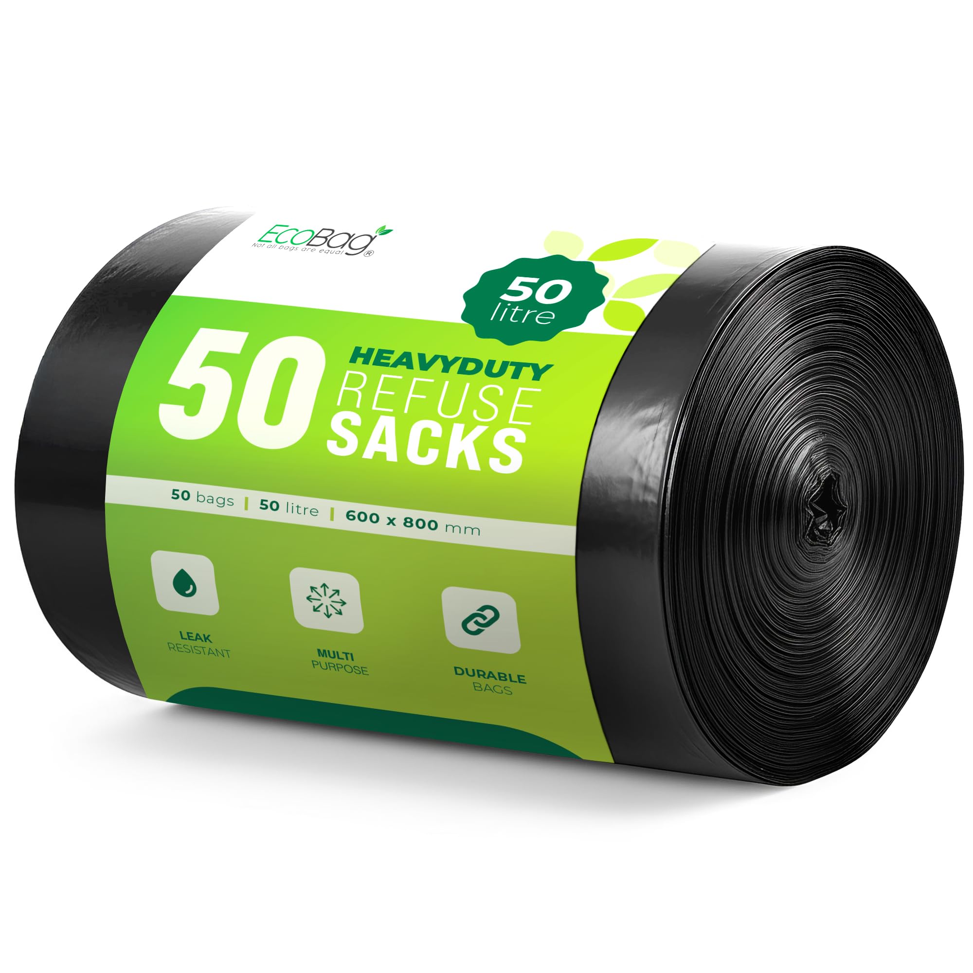 EcoBag 50L Heavy Duty Refuse Sacks - 50 Pack | 33 Micron | Recyclable 1