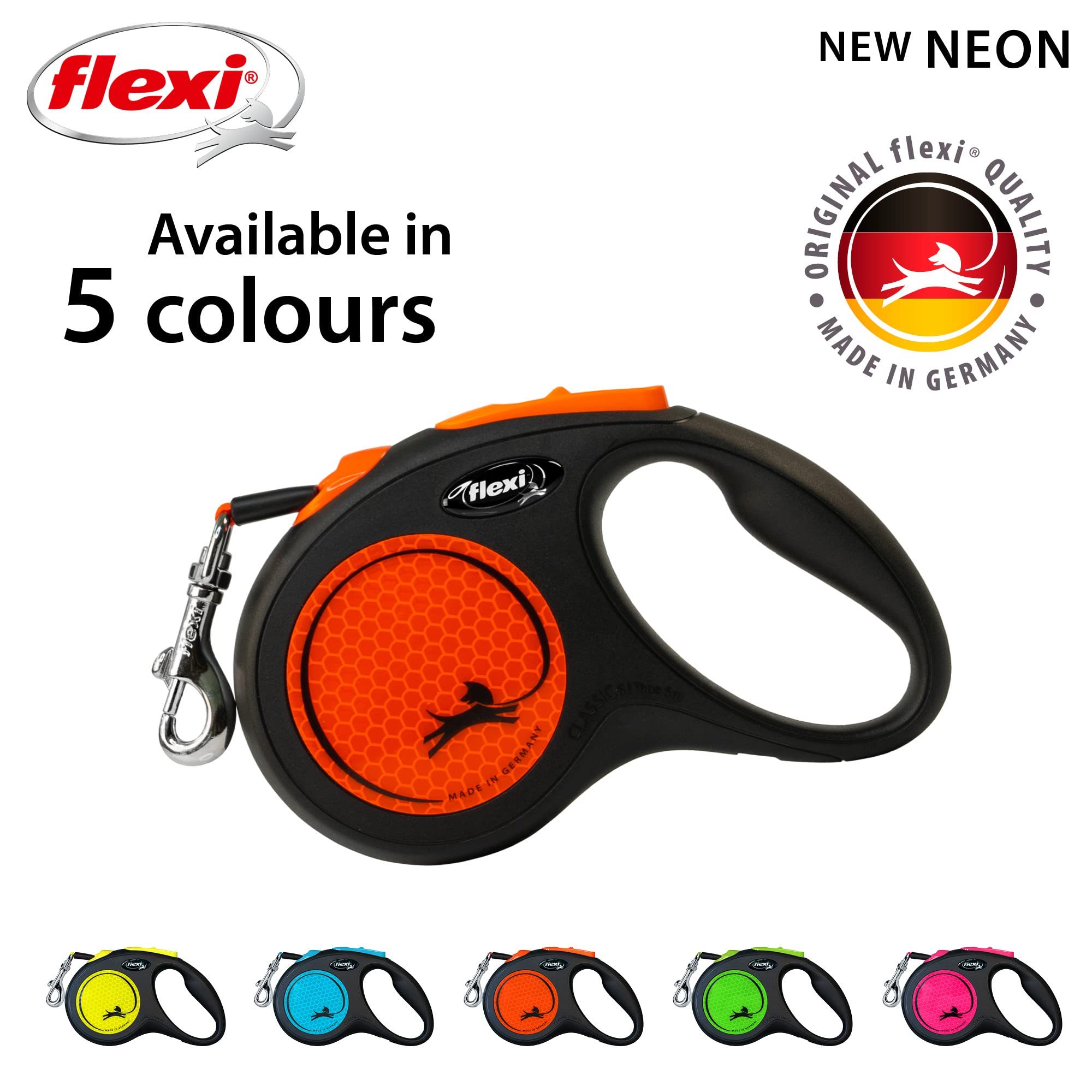 flexi Neon S Tape Retractable Dog Lead - 5m Length | Small Dogs | Black/Neon-Orange 5