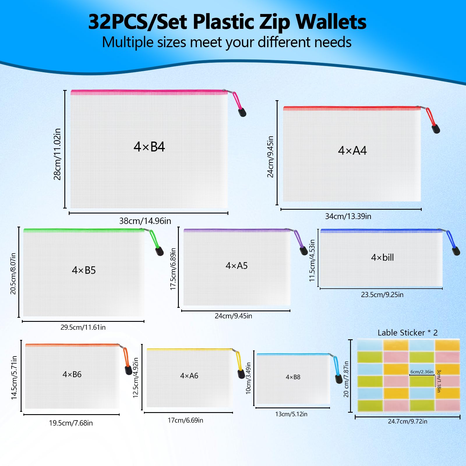 NORTHERN BROTHERS 32PCS Waterproof PVC Zip Lock Document Wallets in 8 Assorted Sizes