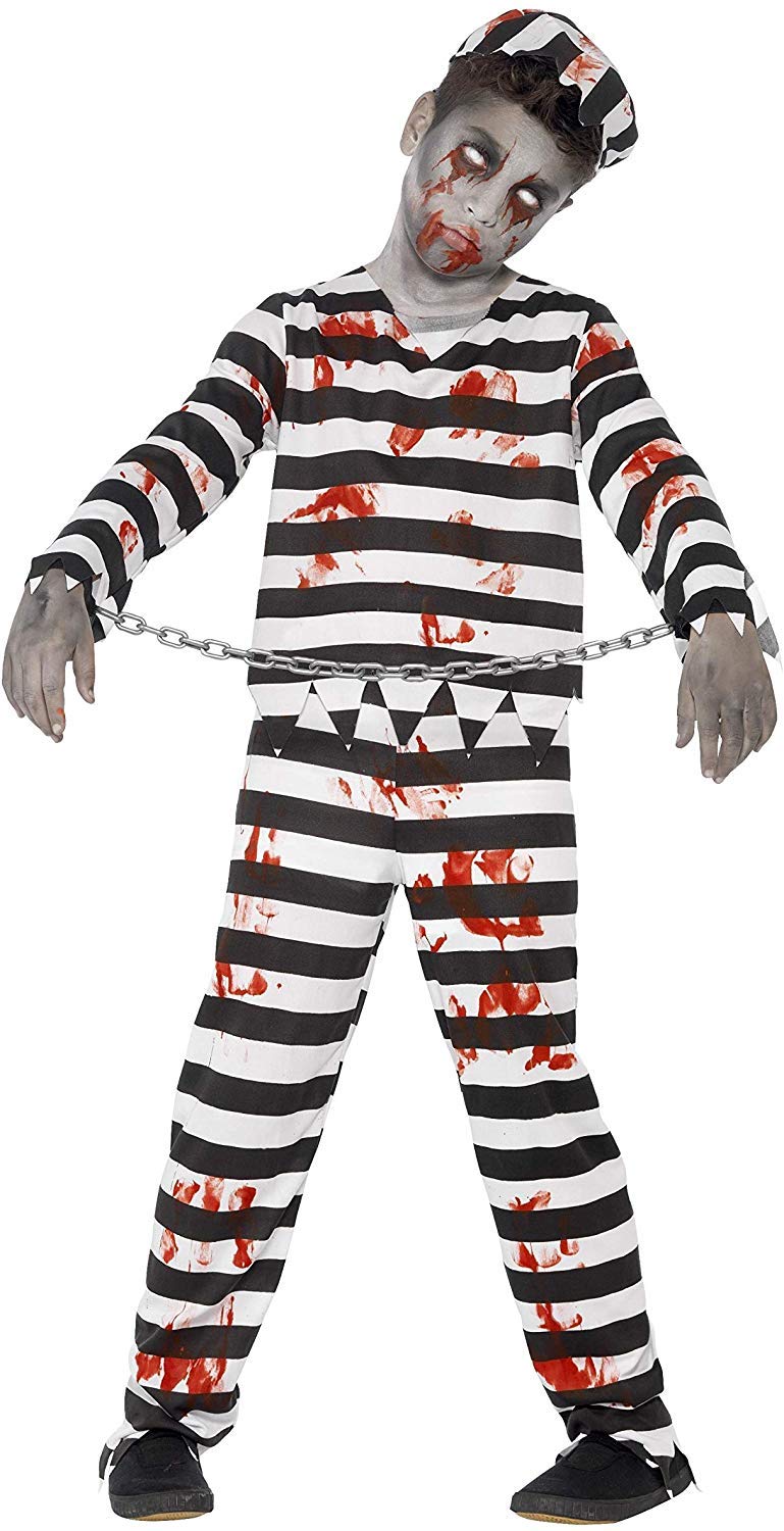 Smiffys Zombie Convict Costume - Black & White, Age 12+, Includes Top, Trousers, Hat & Wrist Cuffs