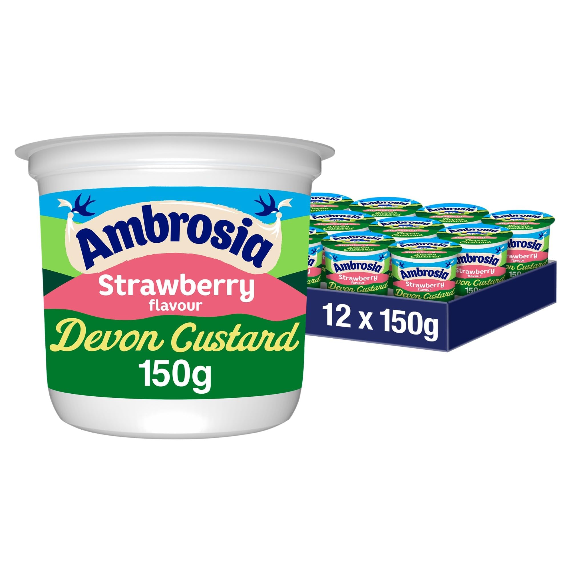 Ambrosia Strawberry Flavour Custard Pots - Pack of 12 | 150g Pots | Ready-to-Eat 1