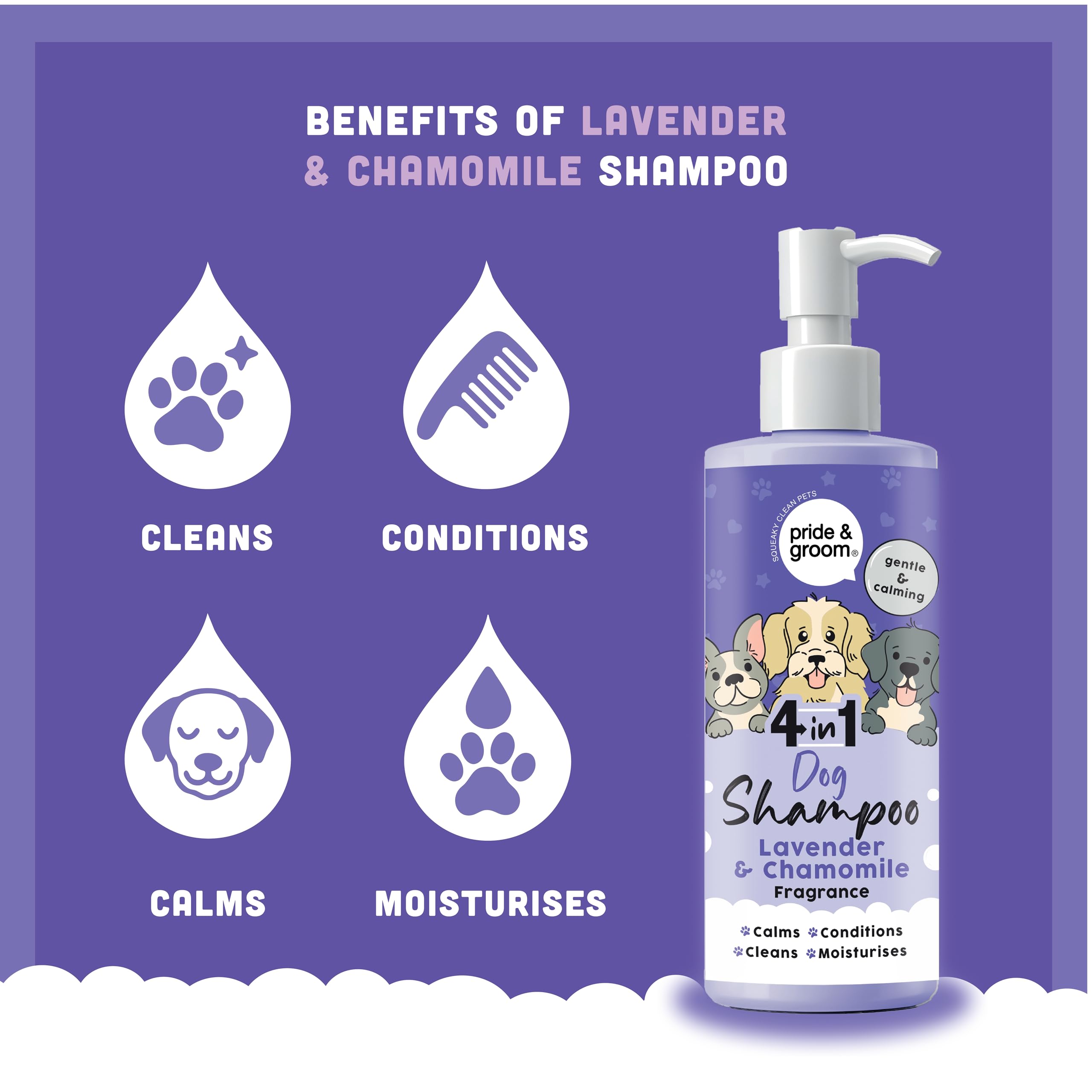 Pride & Groom 4-in-1 Dog Shampoo - Calming Lavender & Chamomile, 500ml 4